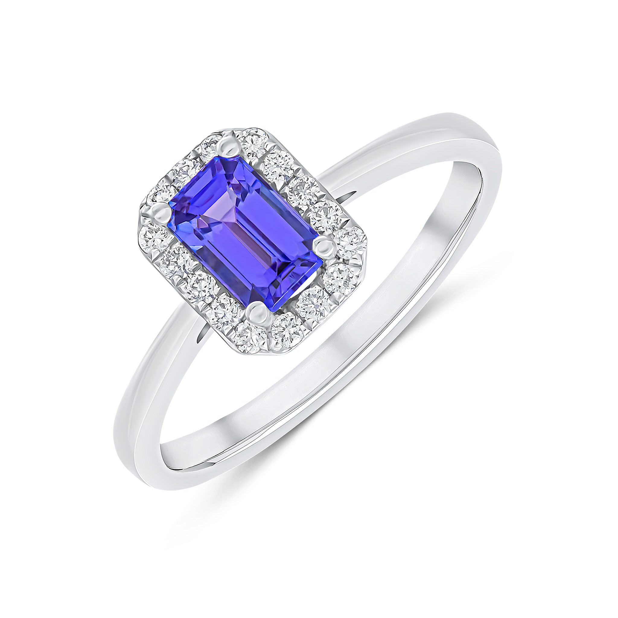 18ct White Gold 6x4 Octagon Tanzanite & Diamond Claw Set Cluster Ring