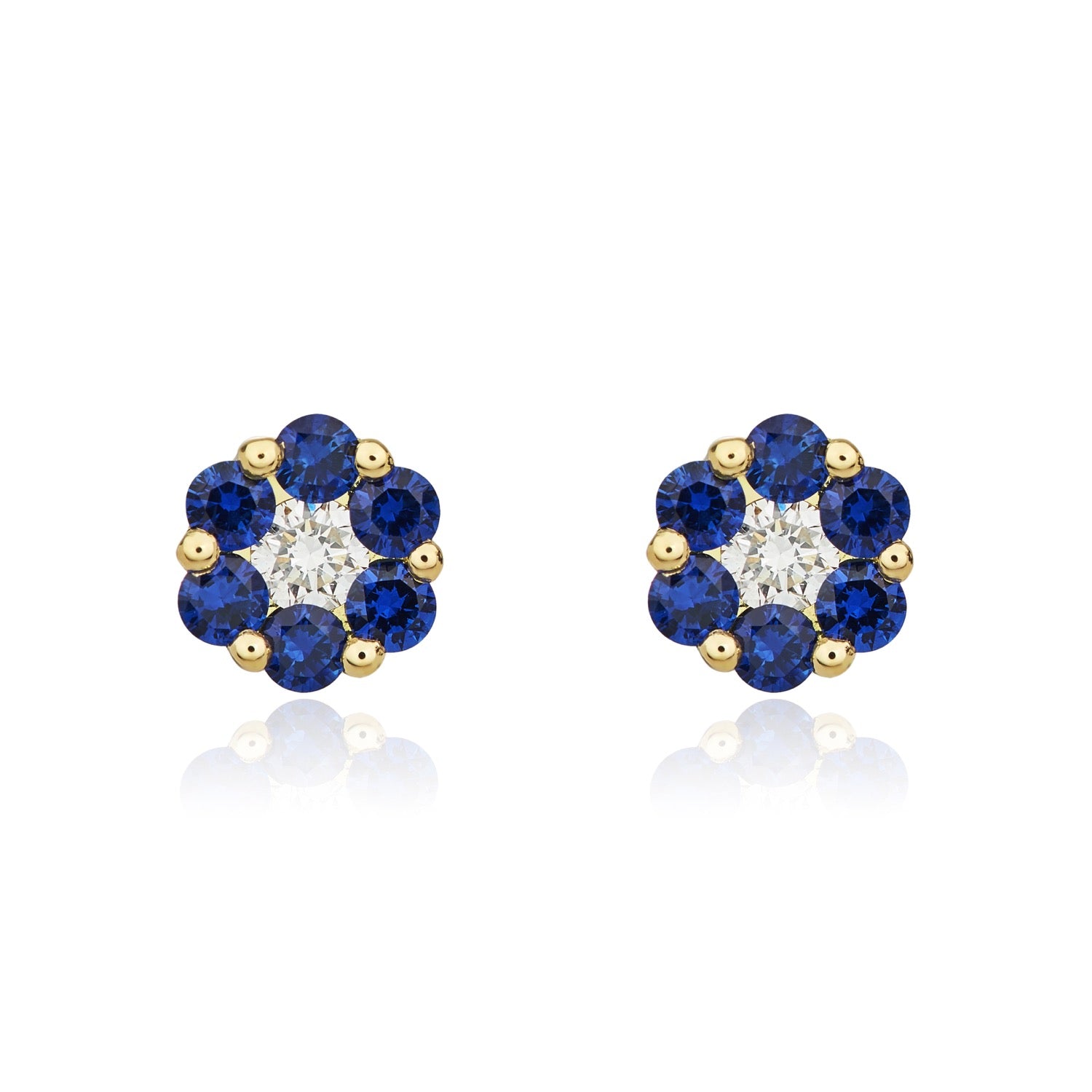 18ct Yellow Gold Sapphire and Diamond Round Reverse Cluster Earrings