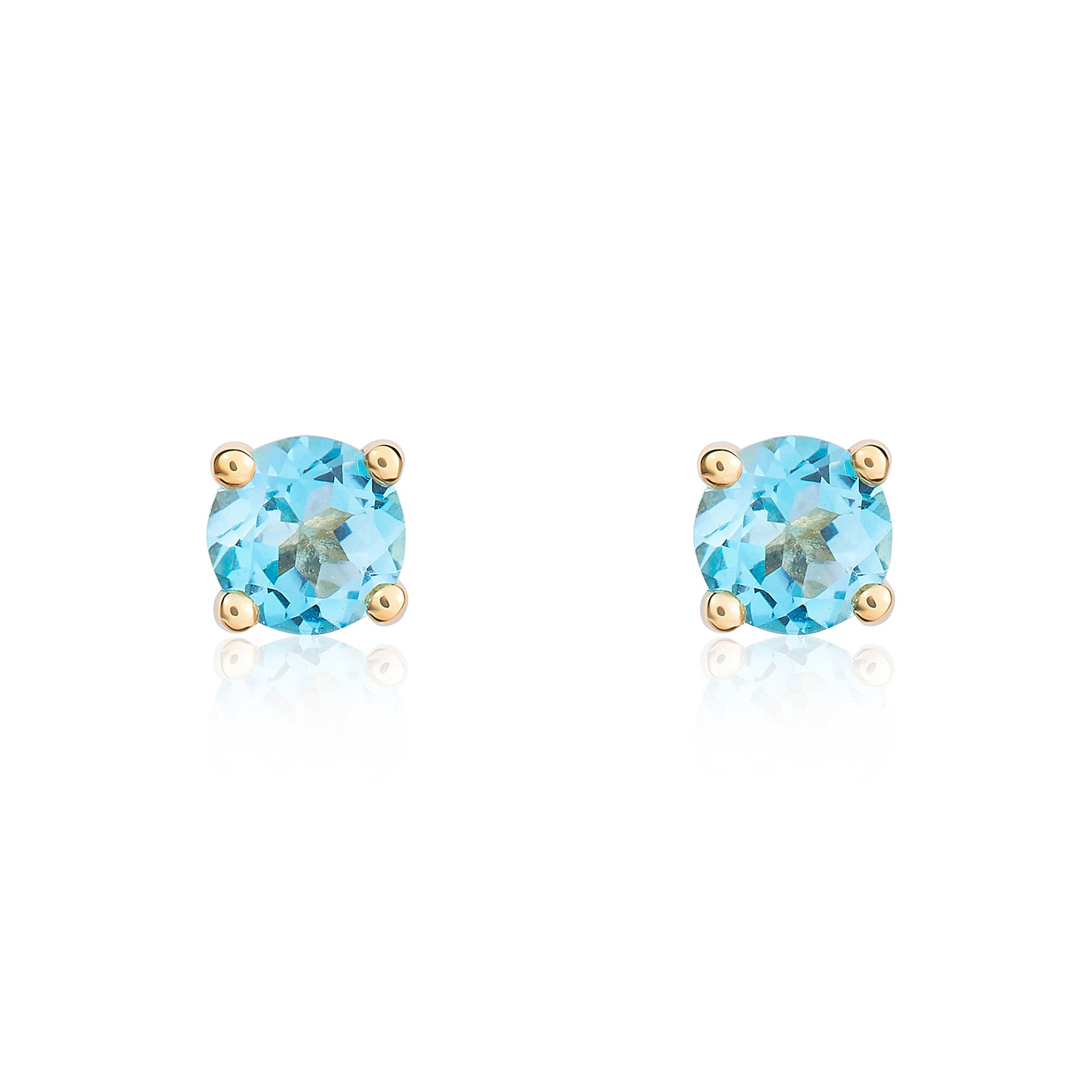 9ct Yellow Gold 4mm Round Swiss Blue Topaz 4 Claw Earrings