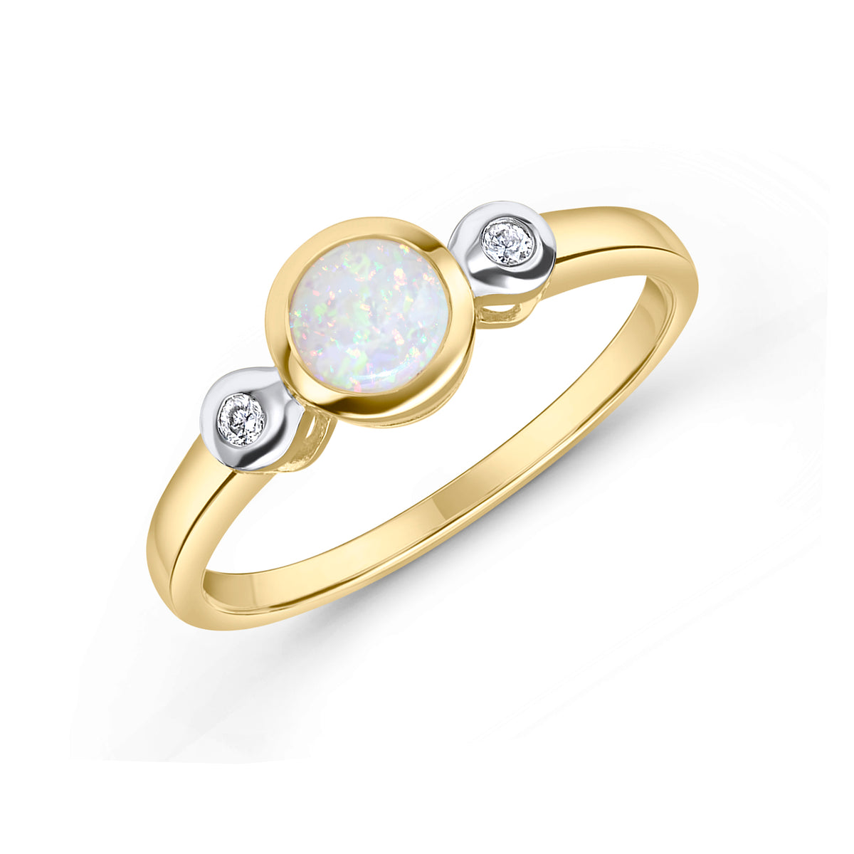 9ct Yellow Gold 5mm Round Opal and Diamond Rubover 3 Stone Ring Rhodium to Diamonds