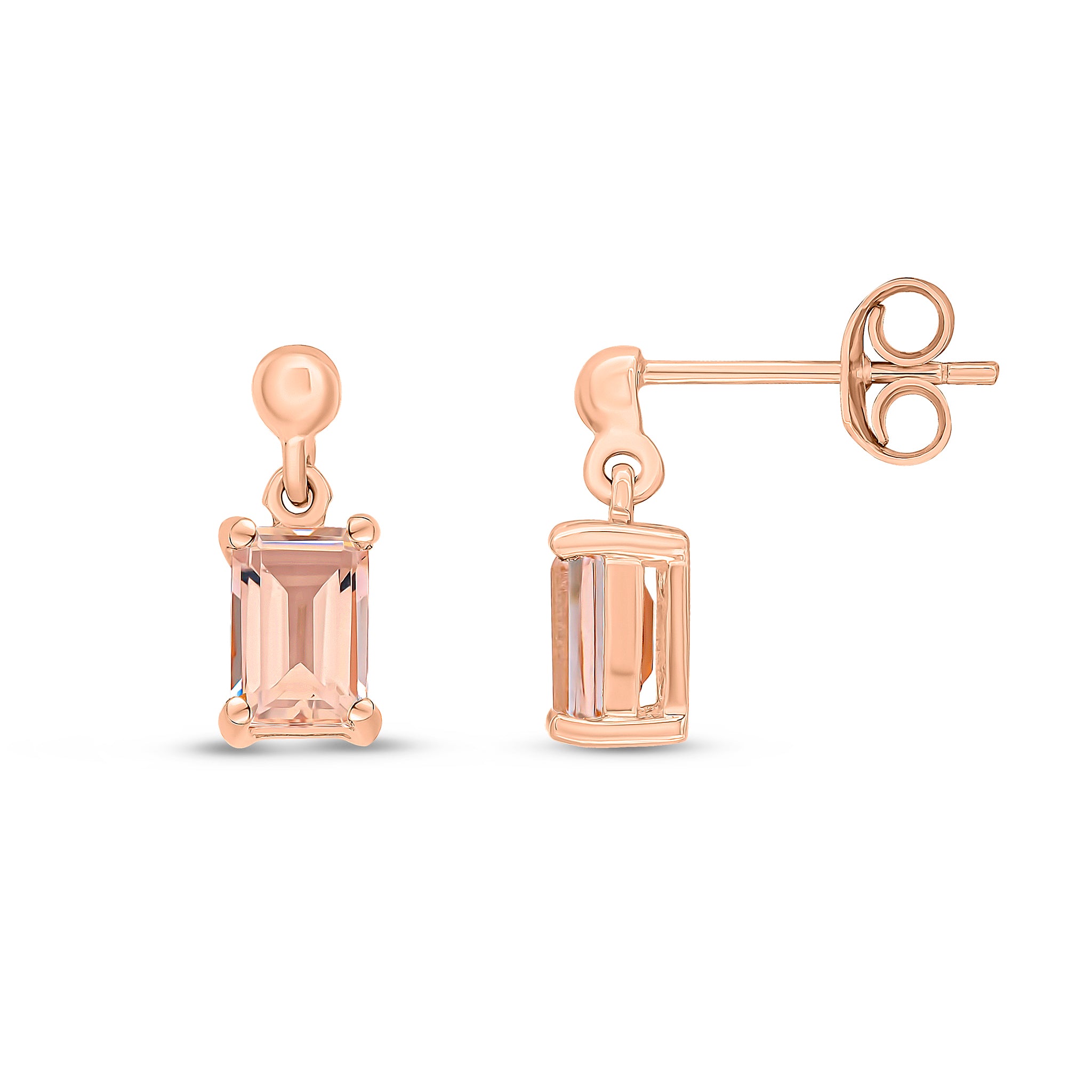9ct Rose Gold 6x4 Octagon Morganite Claw Set Drop Earrings with Bead Top