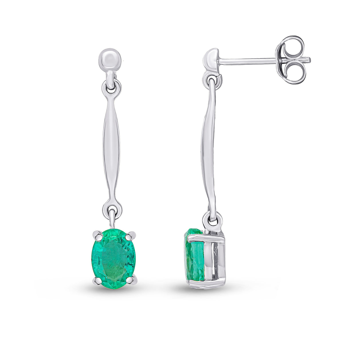 9ct White Gold 7x5mm Oval Emerald and Bar Drop Earrings with Bead Top