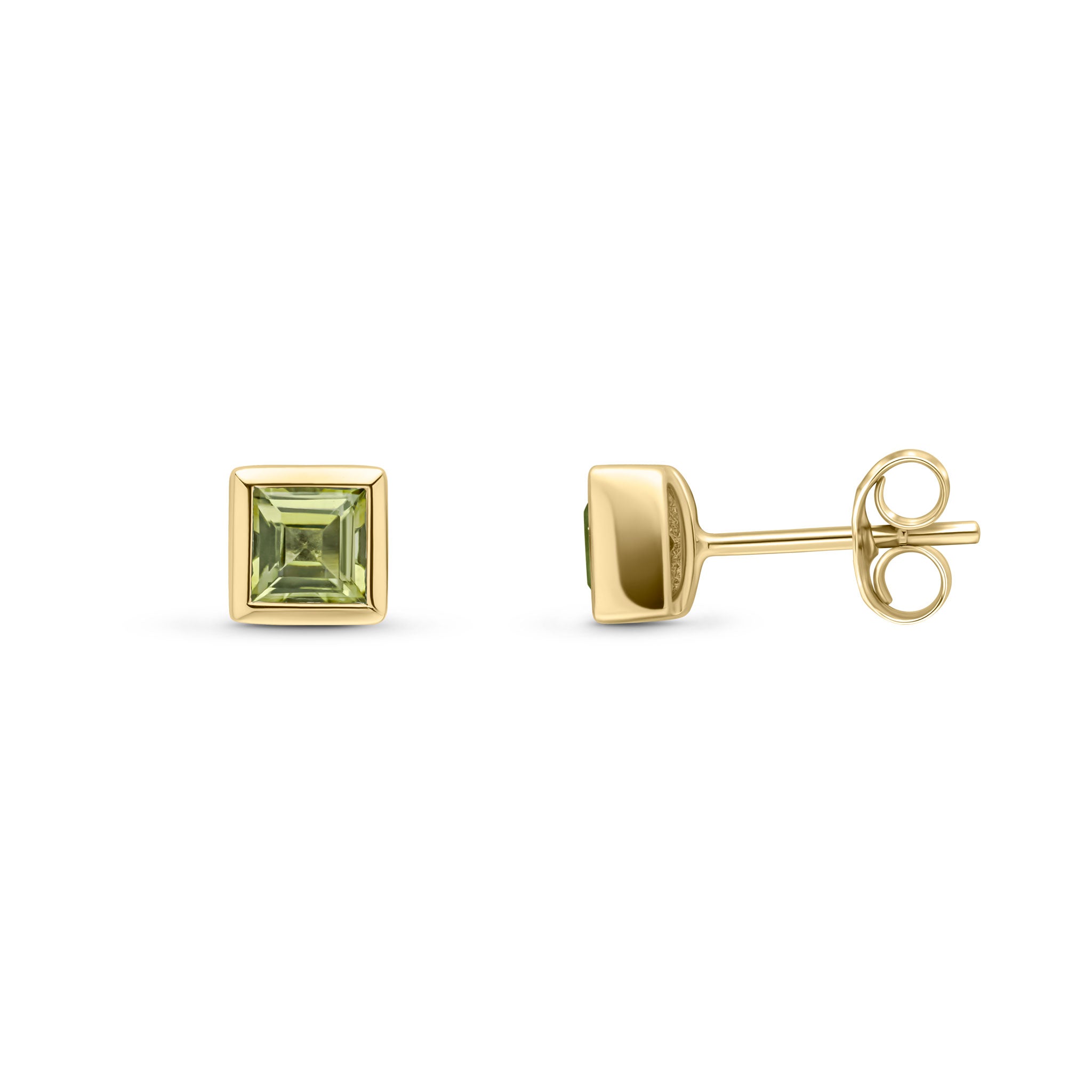 9ct Yellow Gold 4mm Square Peridot Rubover Set Earrings