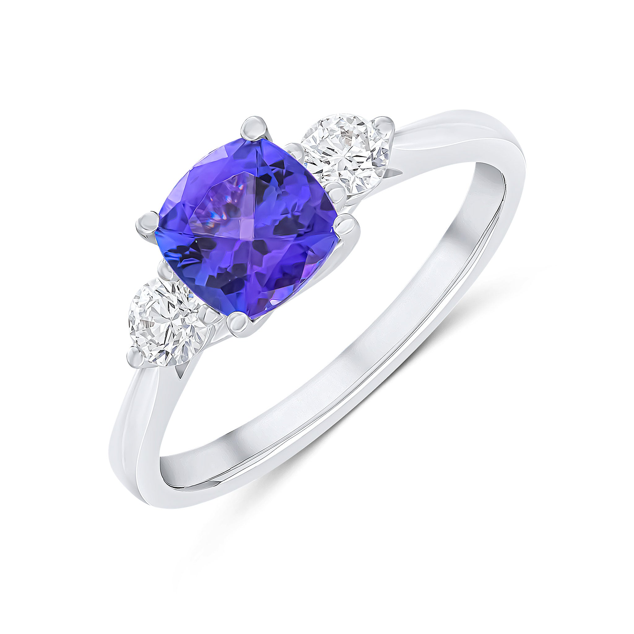 18ct White Gold 6mm Cushion Tanzanite and Round Diamond Claw Set 3 Stone Ring