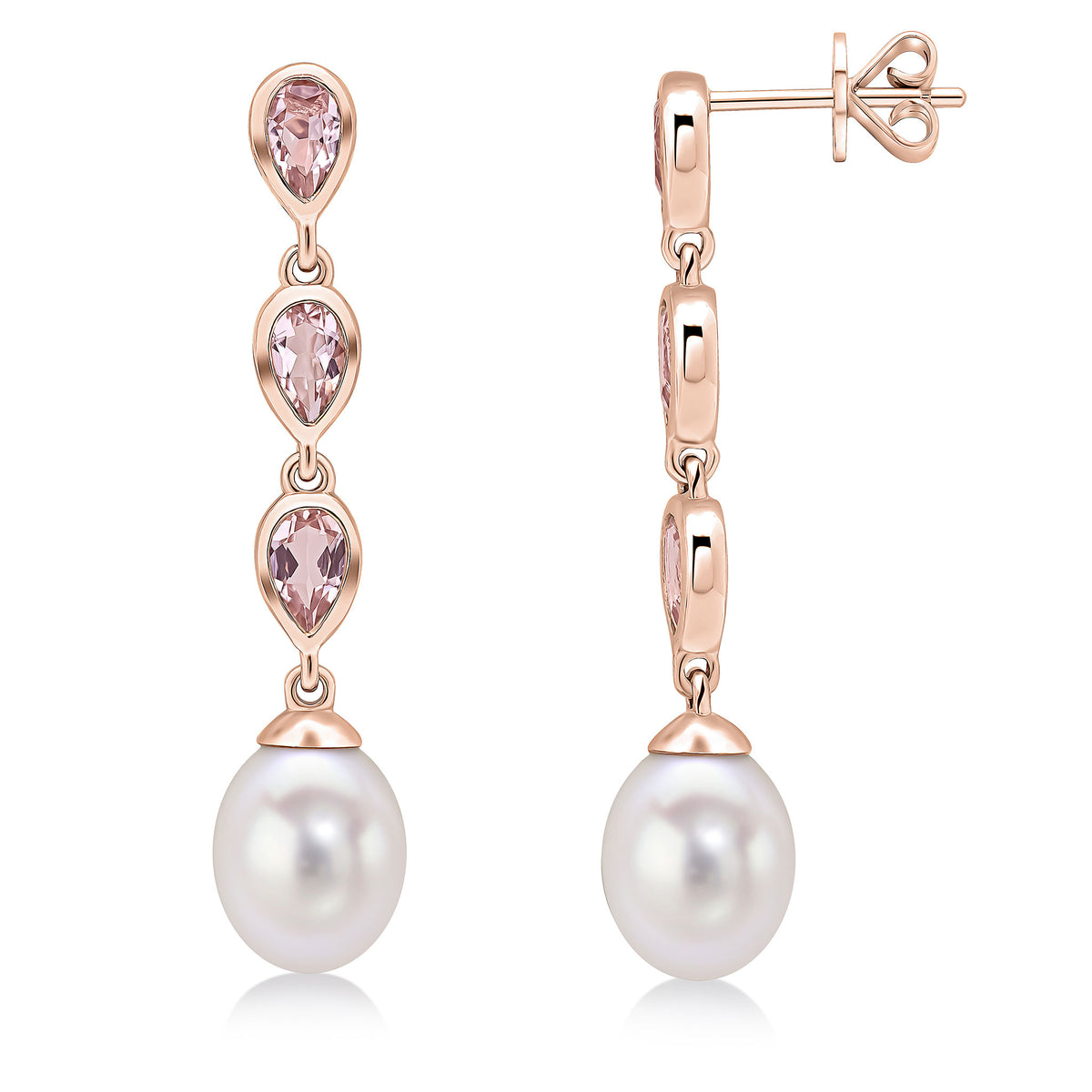 9ct Rose Gold Pearl & Triple Pear Shape Morganite Drop Earrings