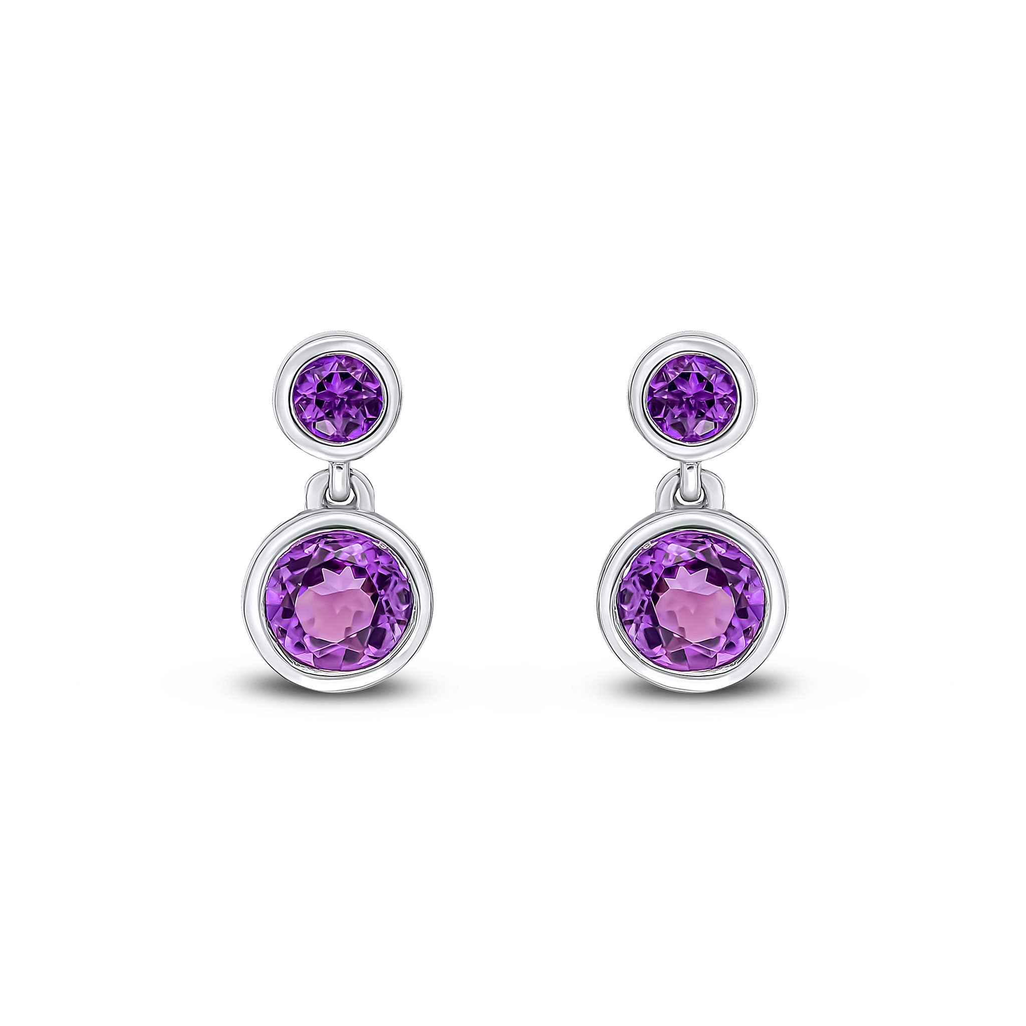 9ct White Gold Round Amethyst Rubover 2 Stone Drop Earrings