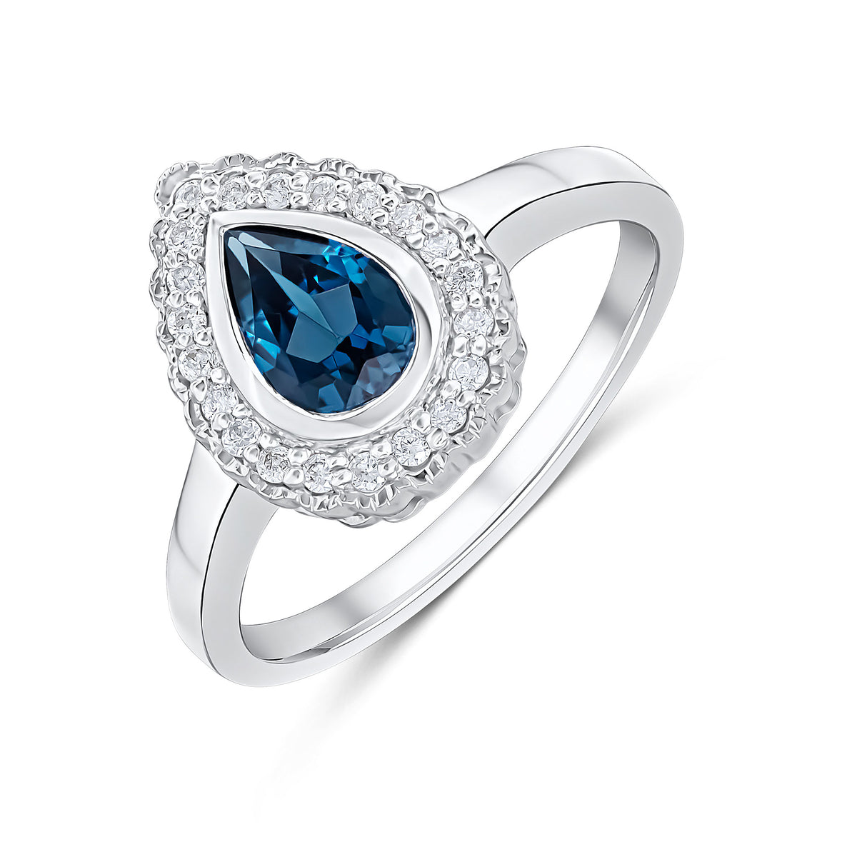 9ct White Gold Pear Shape Rubover London Blue Topaz and Milgrain Round Diamond Cluster Ring