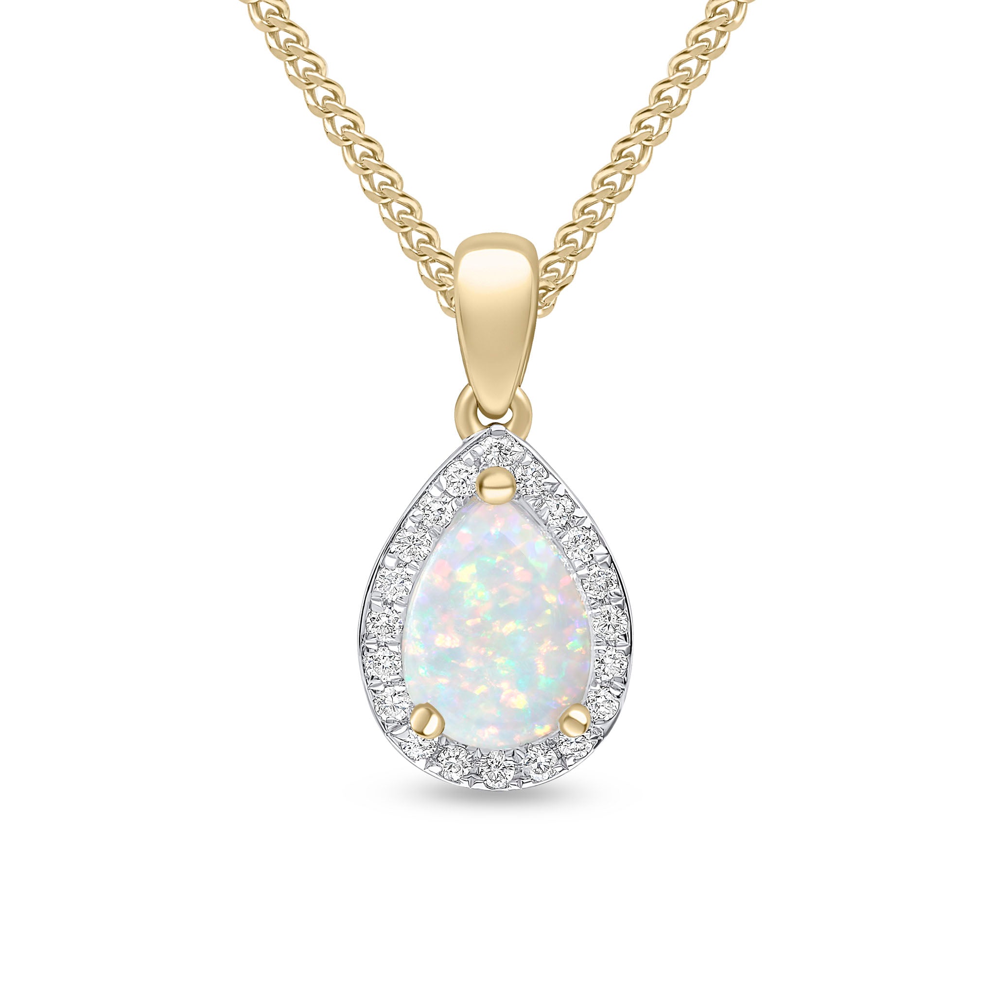 18ct Yellow Gold Claw Set 7x5 Pear Shape Opal & Diamond Cluster Pendant Rhodium to Diamonds