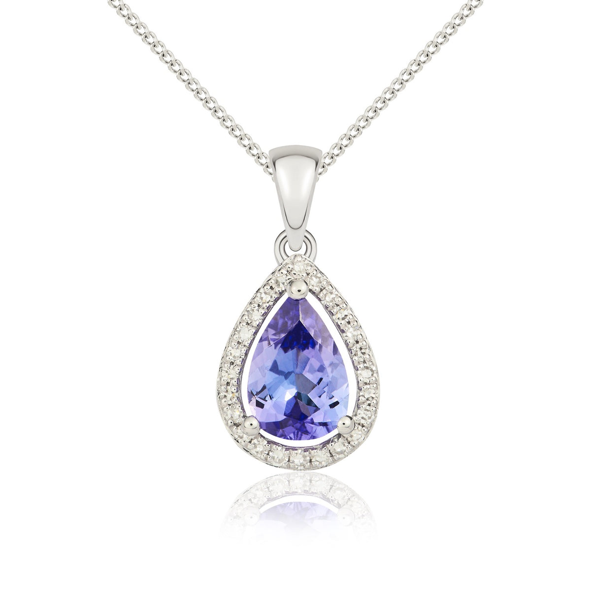 9ct White Gold 7x5 Pear Shape Tanzanite & Diamond Halo Claw Cluster Pendant