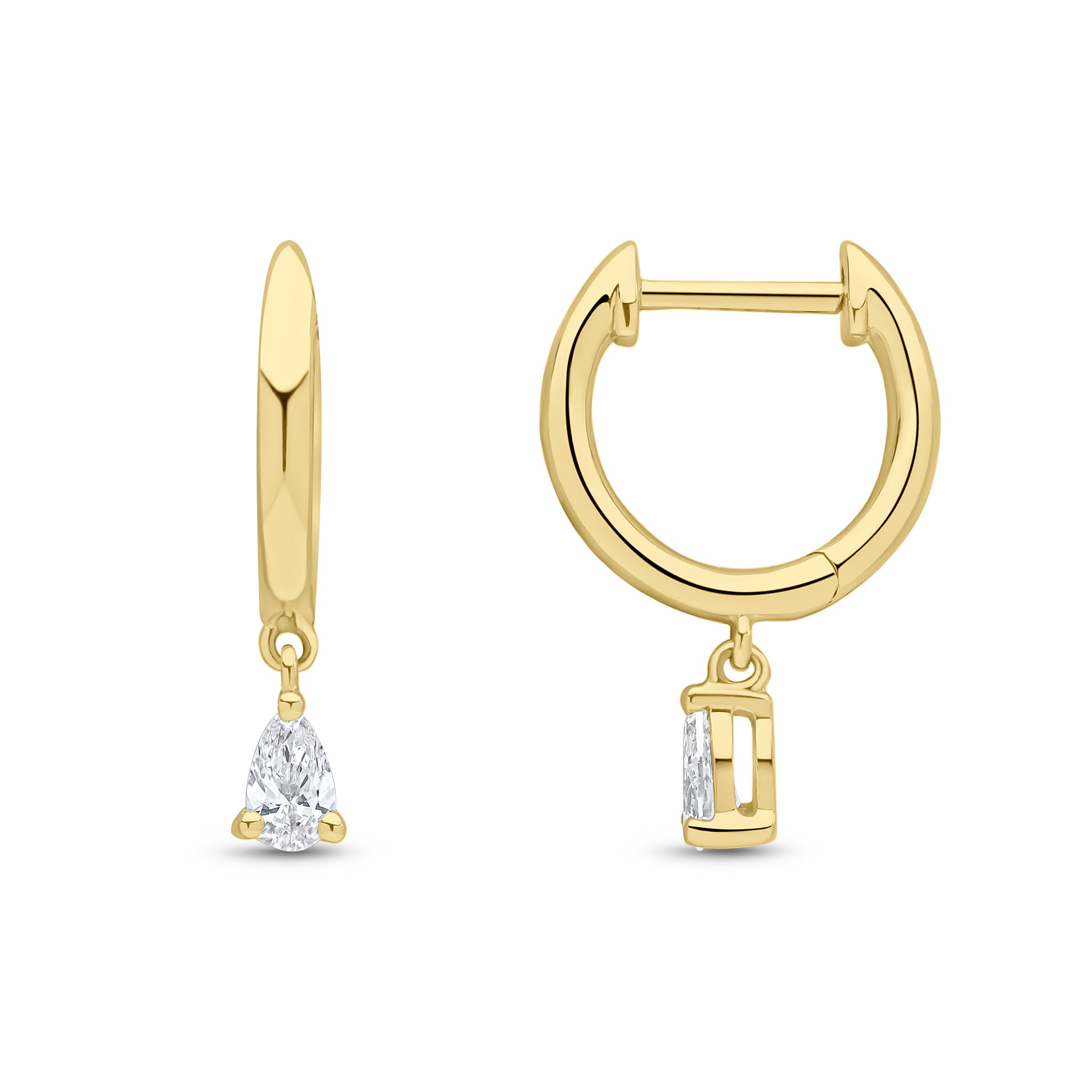 18ct Yellow Gold Plain Hoop Top with Pear Shape Cut Diamond Drop Earrings