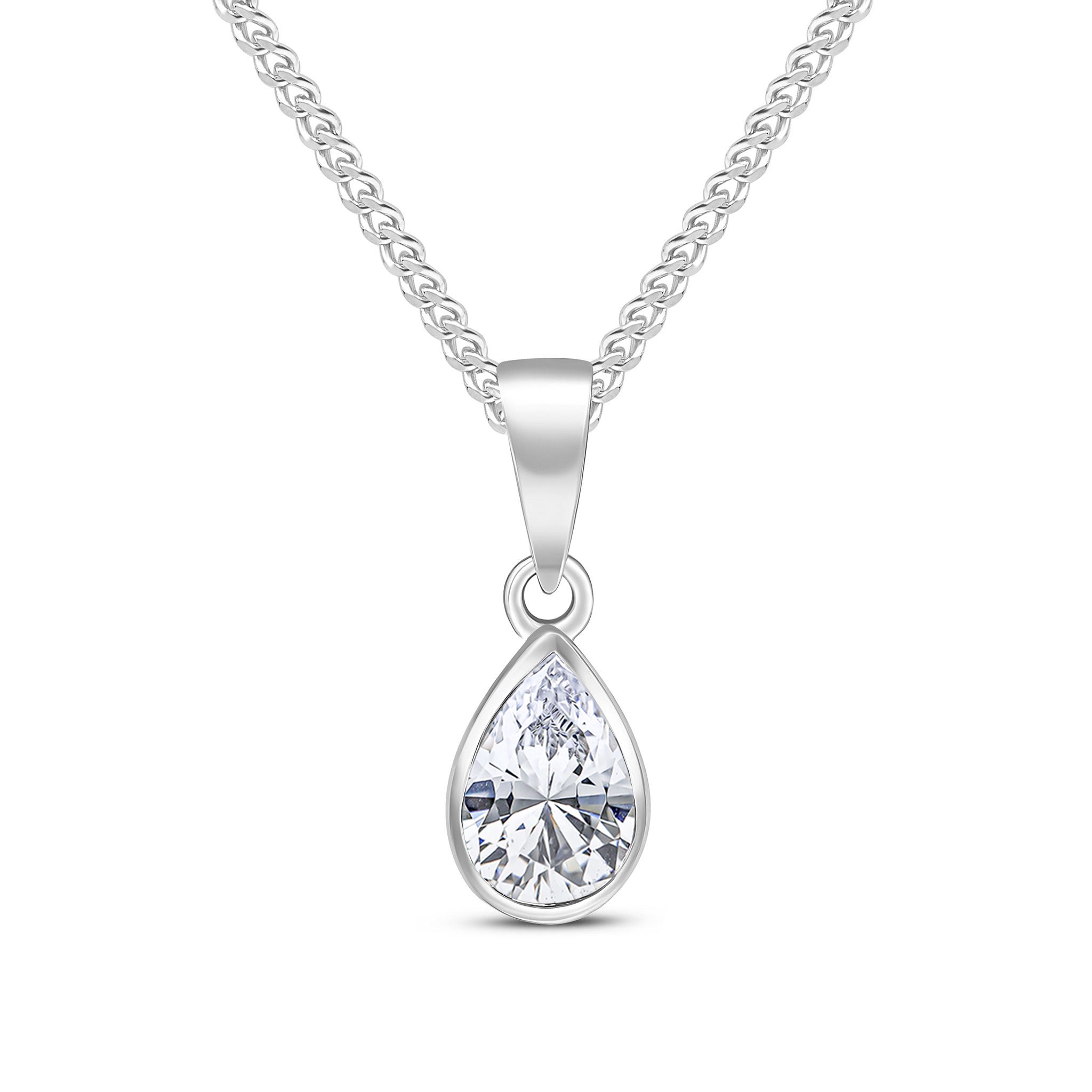 9ct White Gold 7x5 Pear Shape CZ Rubover Pendant