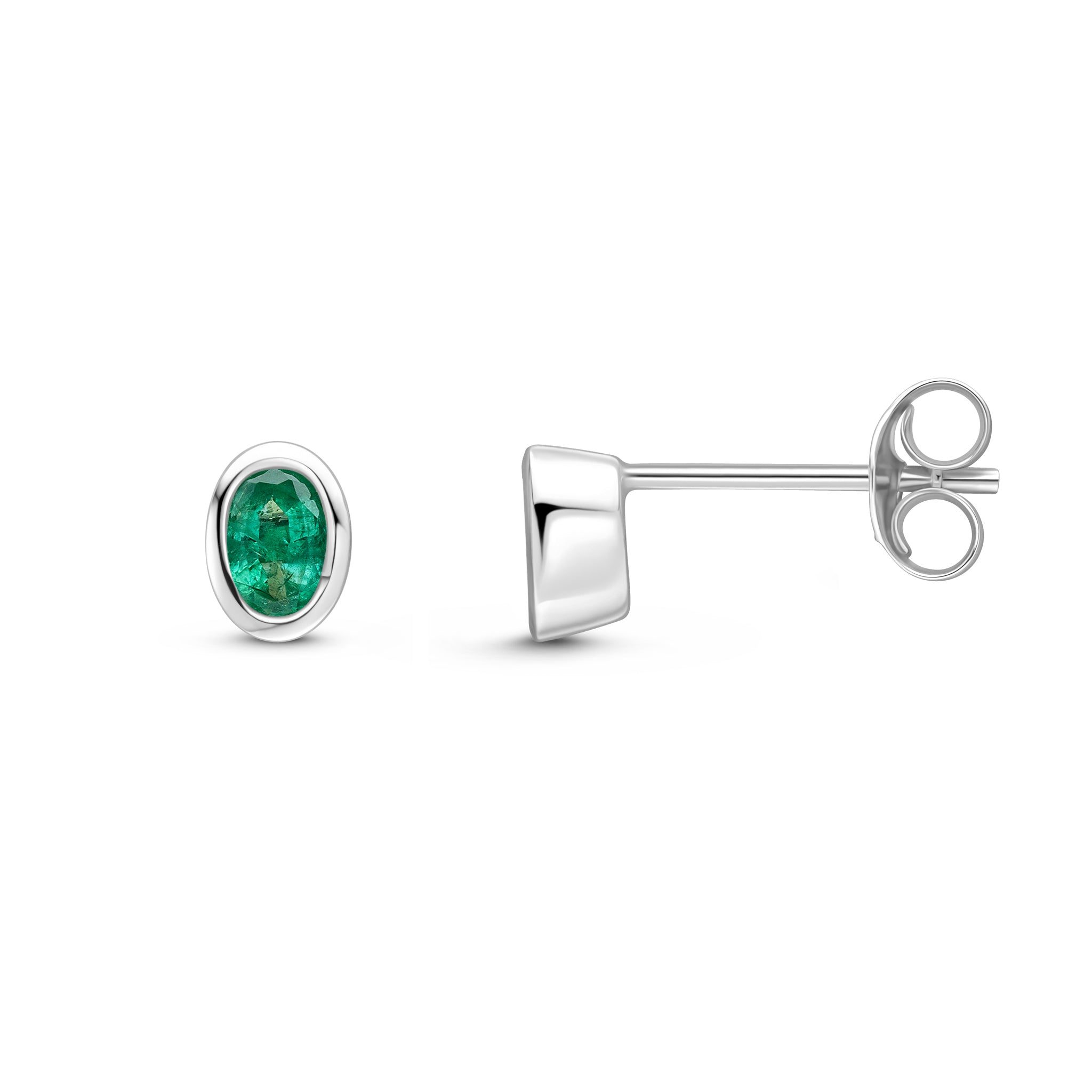 9ct White Gold 4x3 Oval Emerald Rubover Set Earrings