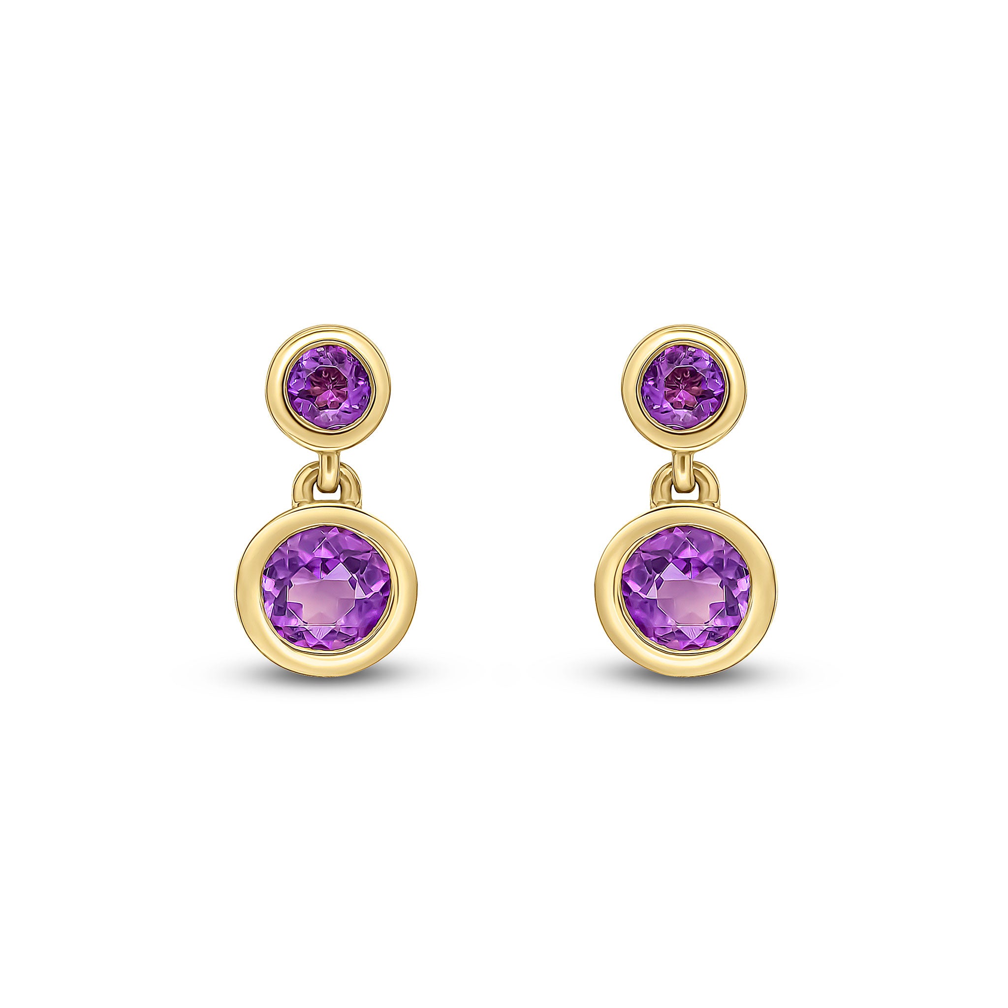 9ct Yellow Gold Round Amethyst Double Drop Earrings