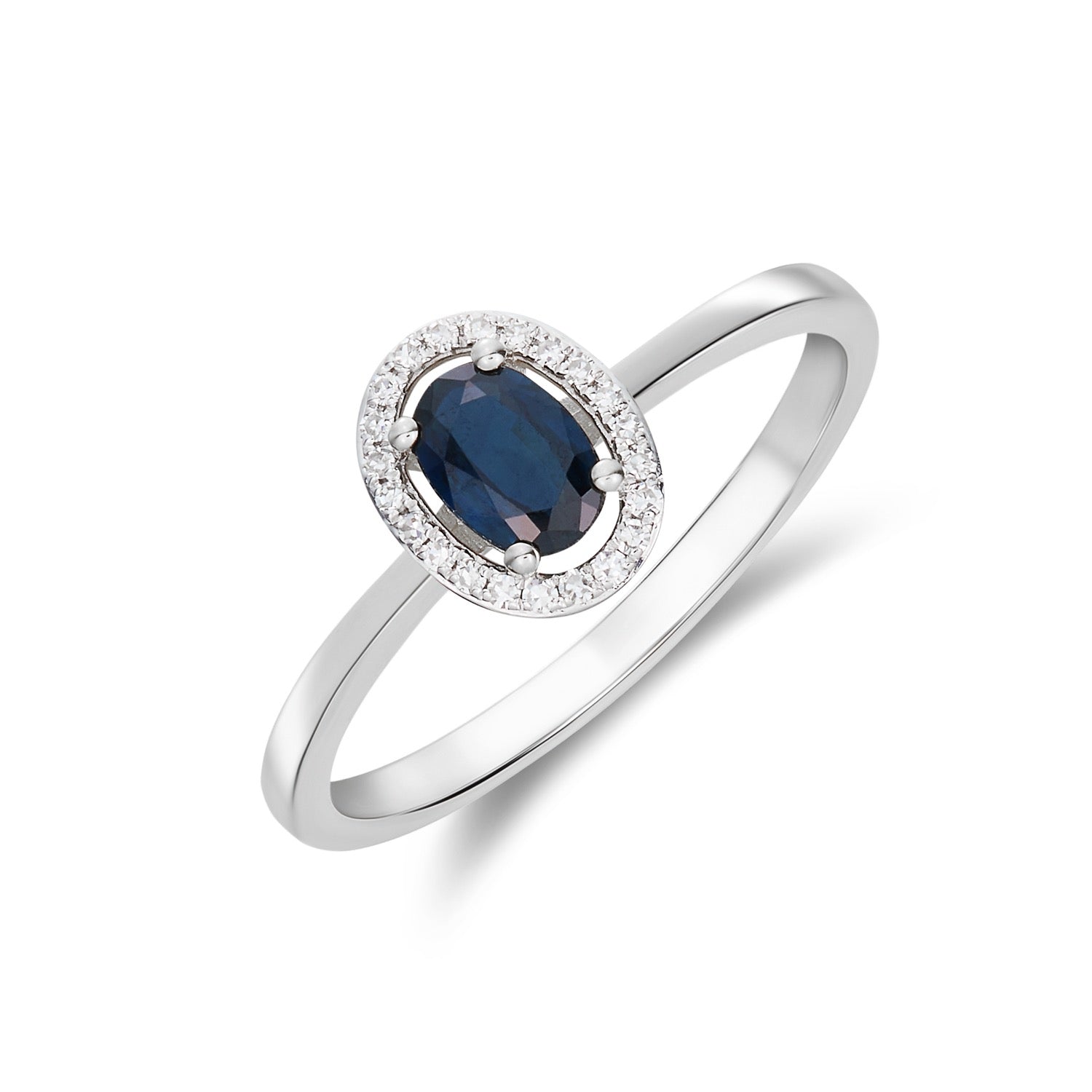 9ct White Gold 6x4 Oval Sapphire and Round Diamond Halo Cluster Ring