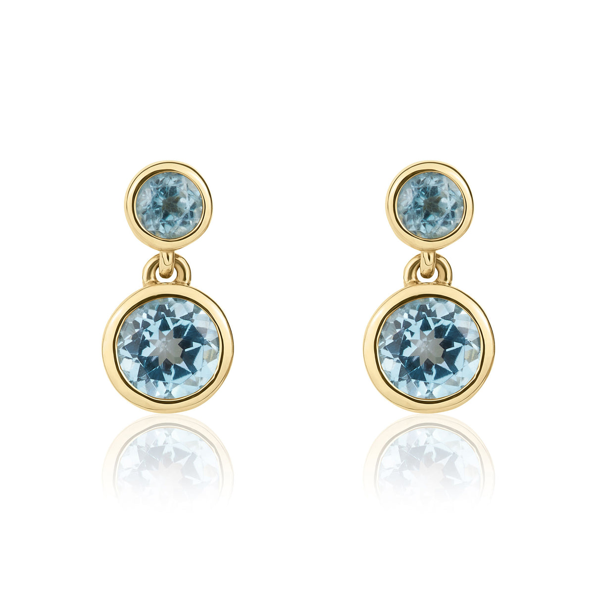 9ct Yellow Gold Round Swiss Blue Topaz Double Drop Earrings
