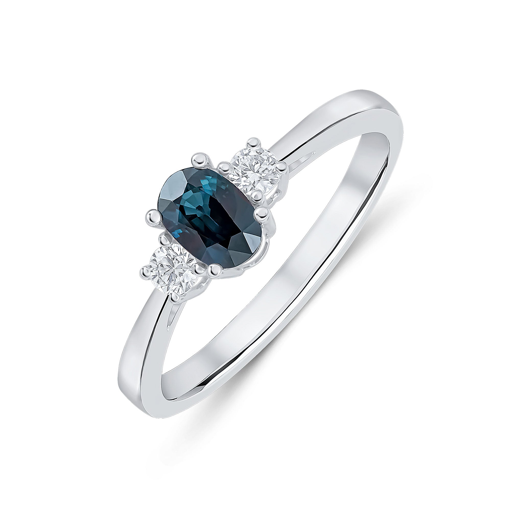 9ct White Gold 6x4 Oval Sapphire and Round Diamond Claw Set 3 Stone Ring