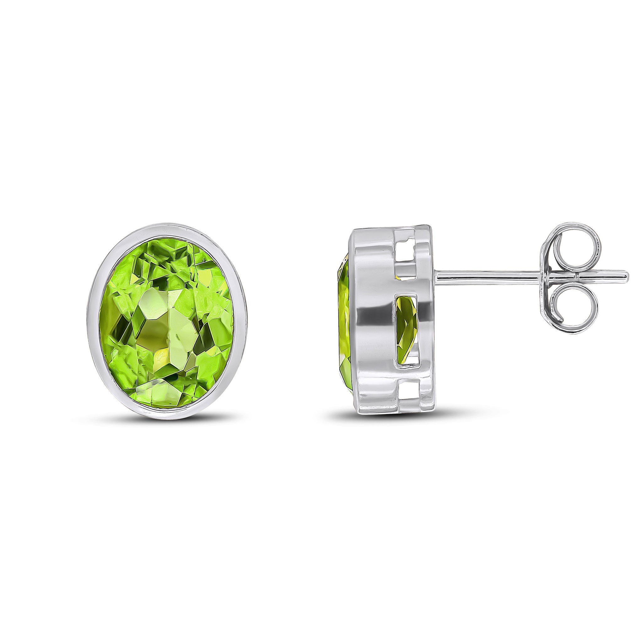 9ct White Gold 9x7 Oval Peridot Rubover Earrings