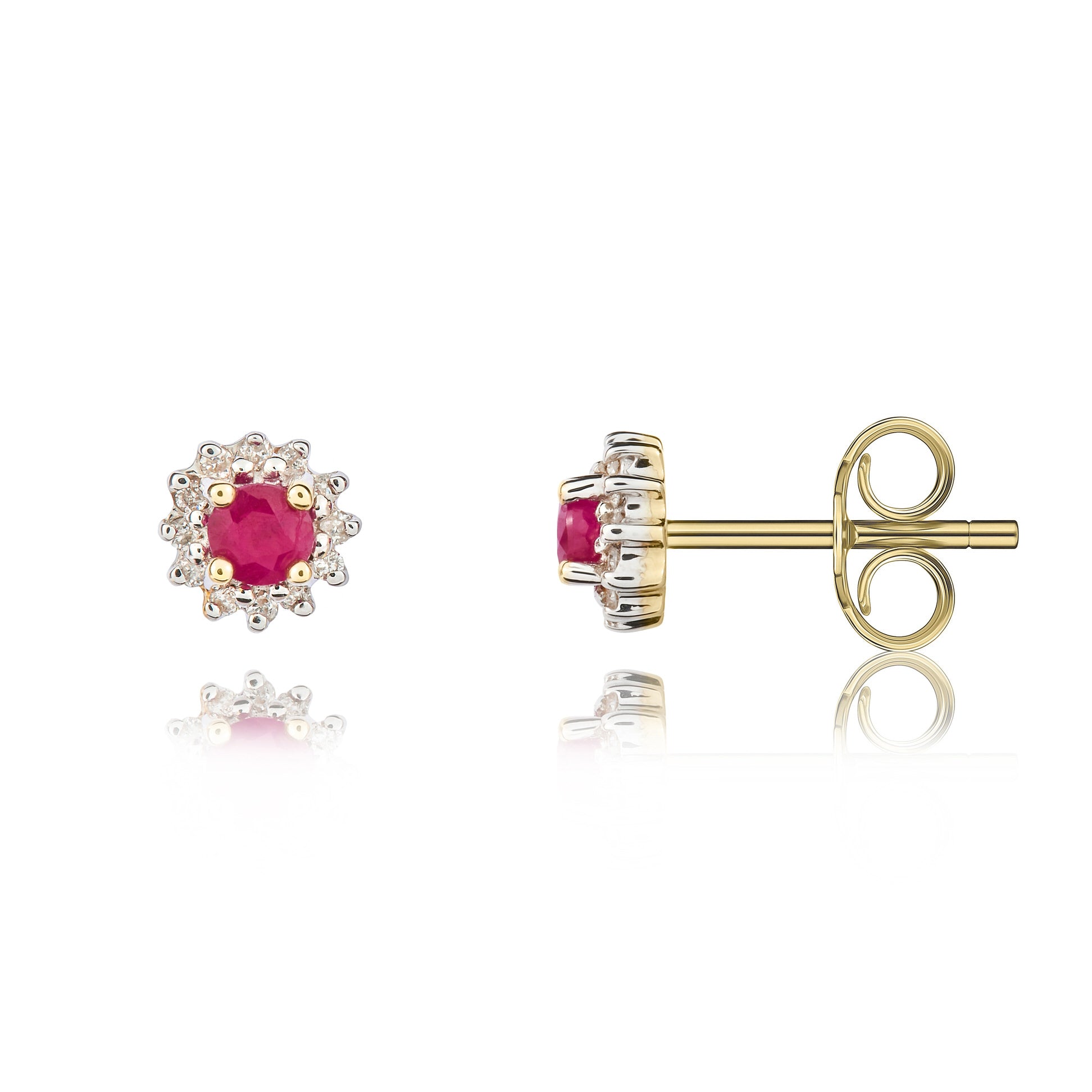 9ct Yellow Gold 3mm Round Ruby and Diamond Claw Cluster Earrings Rhodium to Diamonds
