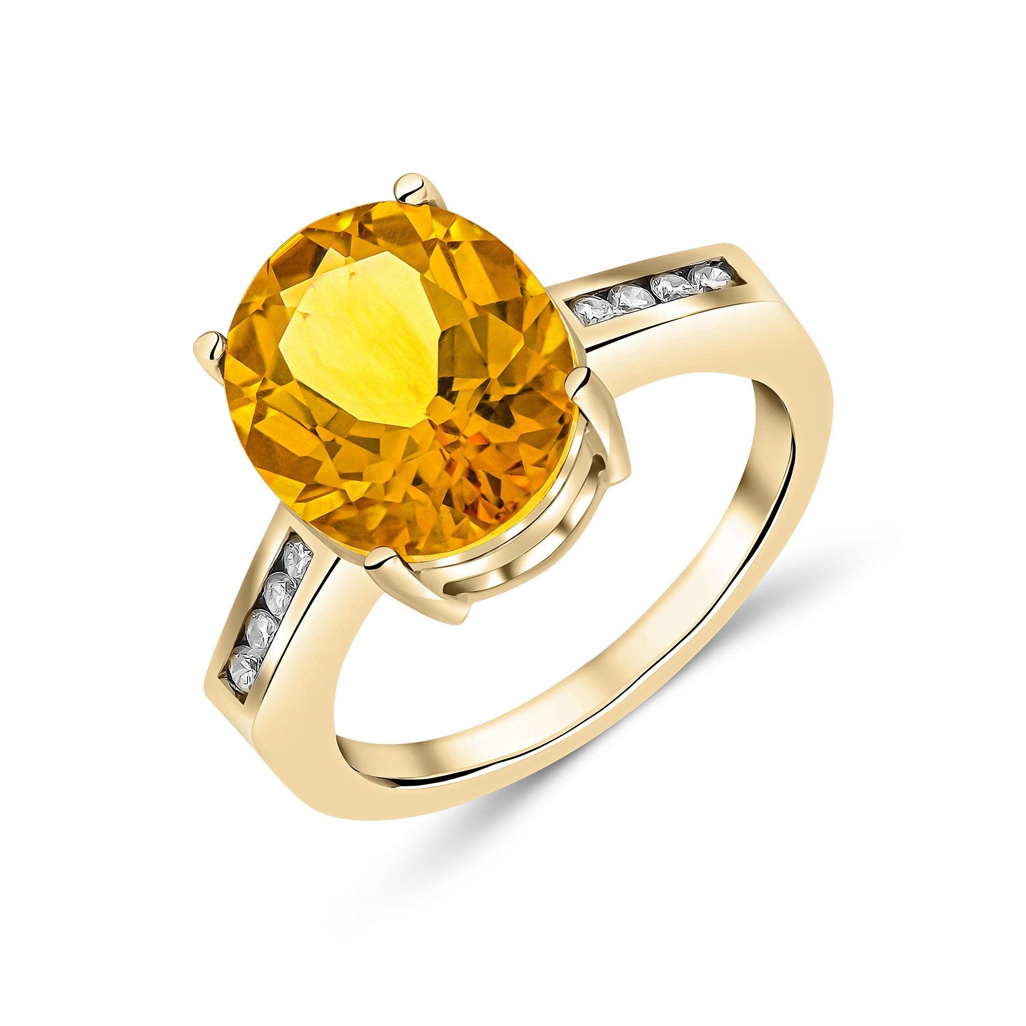 9ct Yellow Gold 12x10mm Claw Set Oval Citrine Single Stone Ring with Channel Set Diamond Shoulders