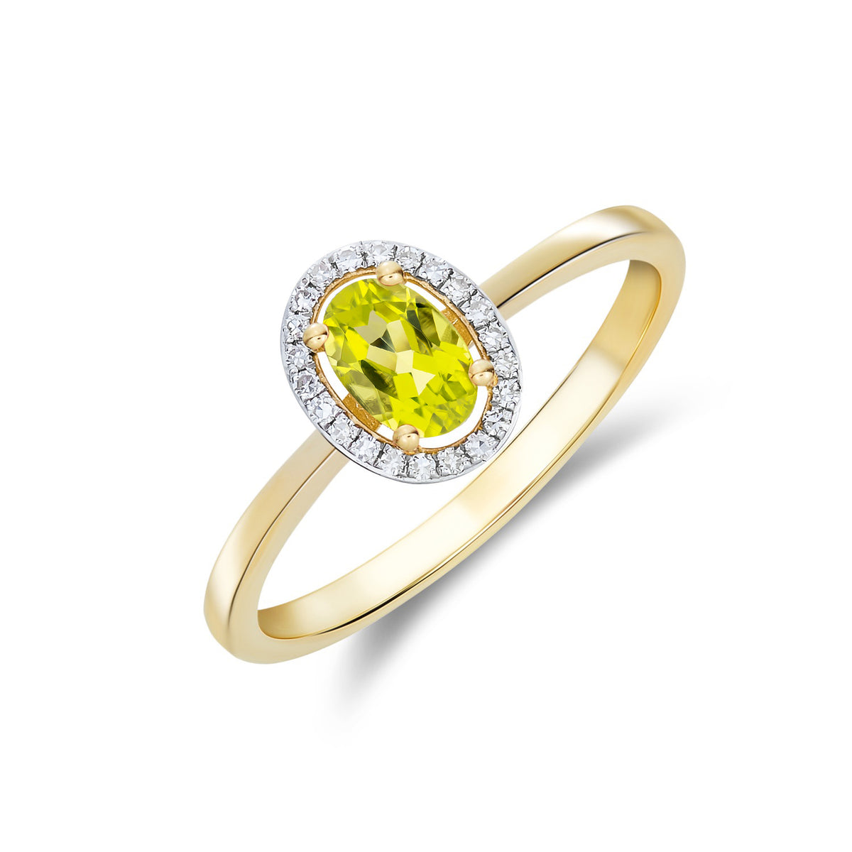 9ct Yellow Gold 6x4 Oval Peridot and Round Diamond Halo Cluster Ring