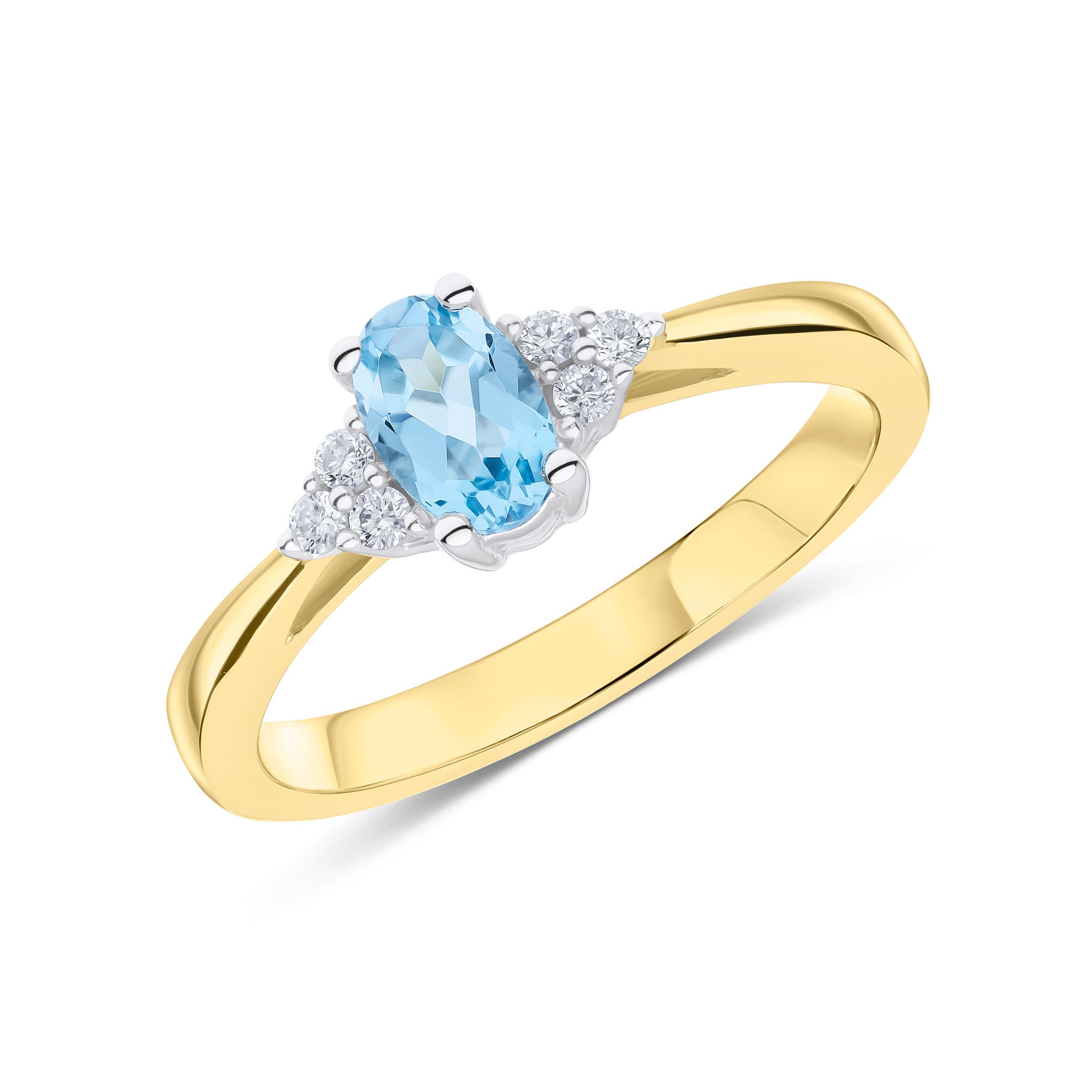 9CT YWG 6X4 OVAL SWISS BLUE TOPAZ AND ROUND DIAMOND TREFOIL SHOULDERS RING 1
