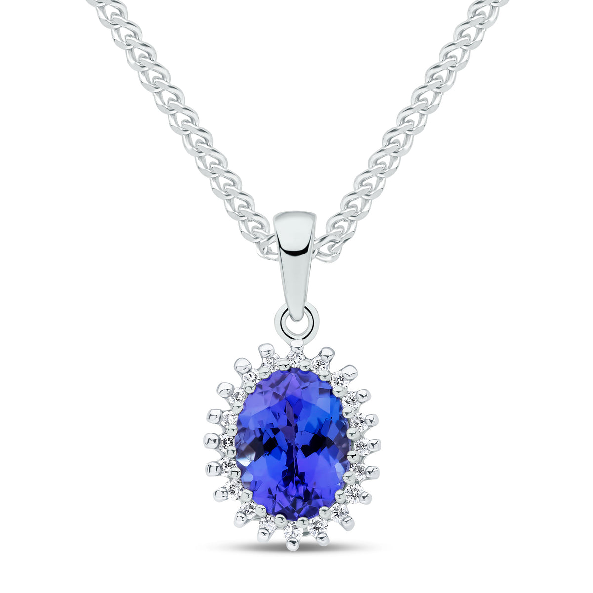 9ct White Gold Oval Tanzanite and Diamond Claw Cluster Pendant
