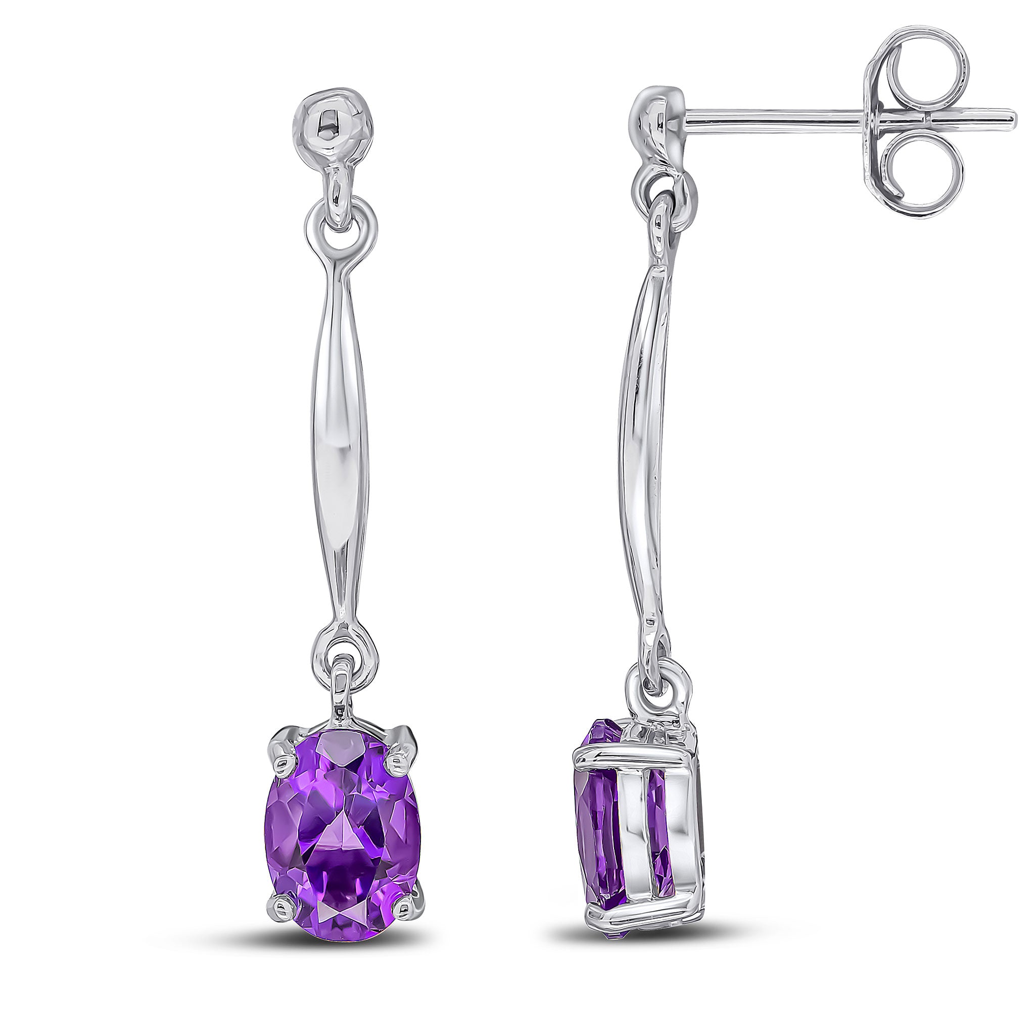 9ct White Gold 7x5mm Oval Amethyst and Bar Drop Earrings with Bead Top