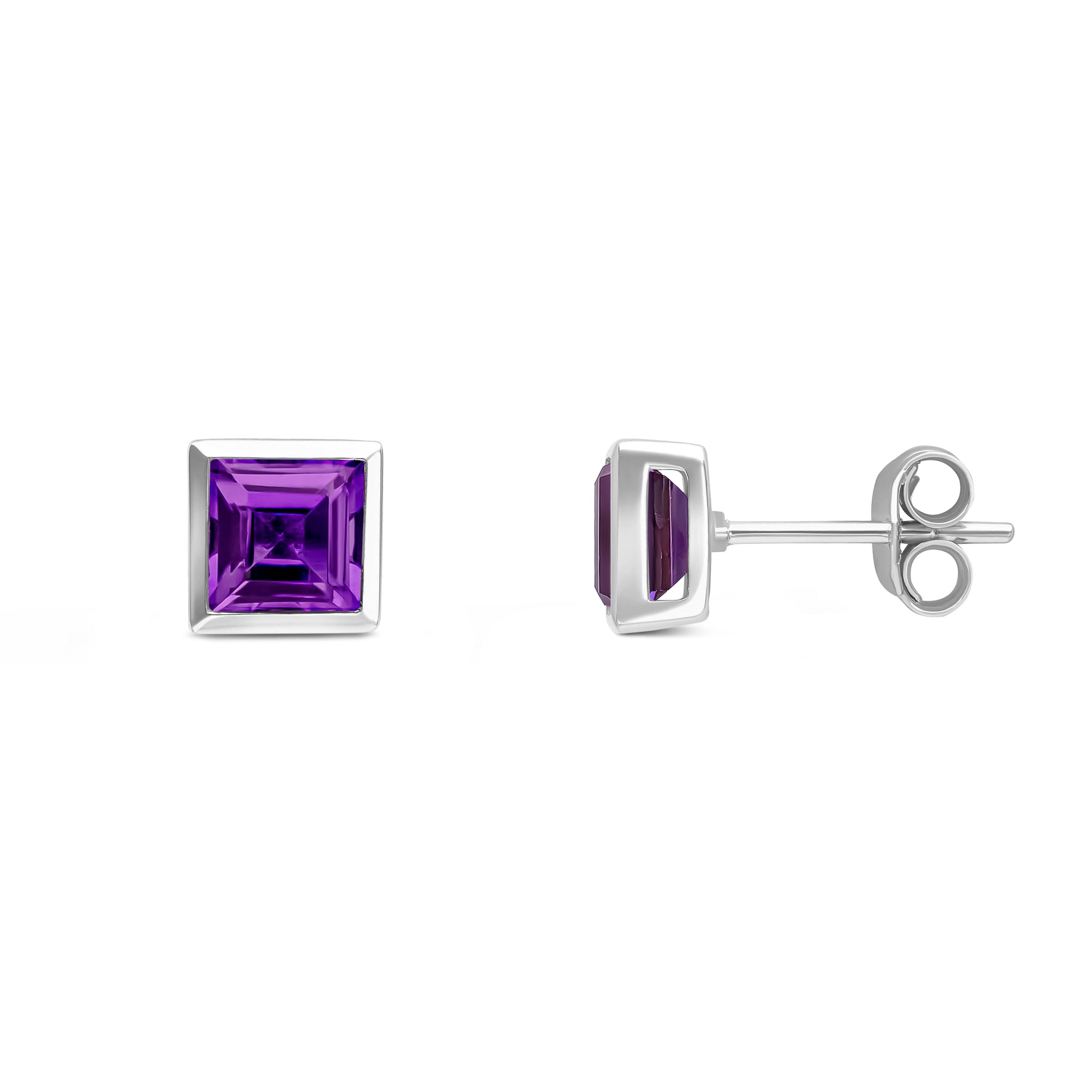9ct White Gold 5mm Square Amethyst Rubover Set Earrings