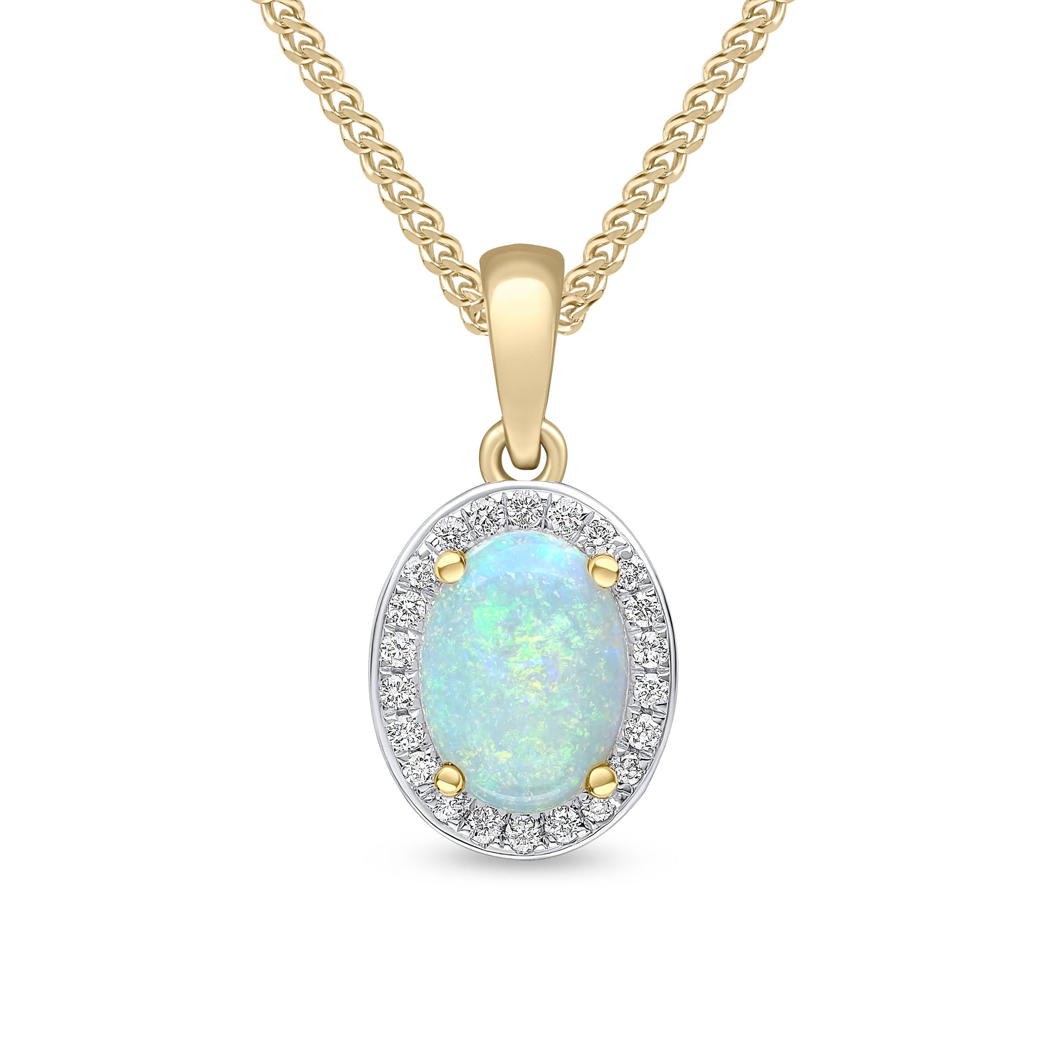 18ct Yellow Gold Claw Set 8x6mm Oval Opal and Grain Set Round Diamond Cluster Pendant Rhodium to Diamonds