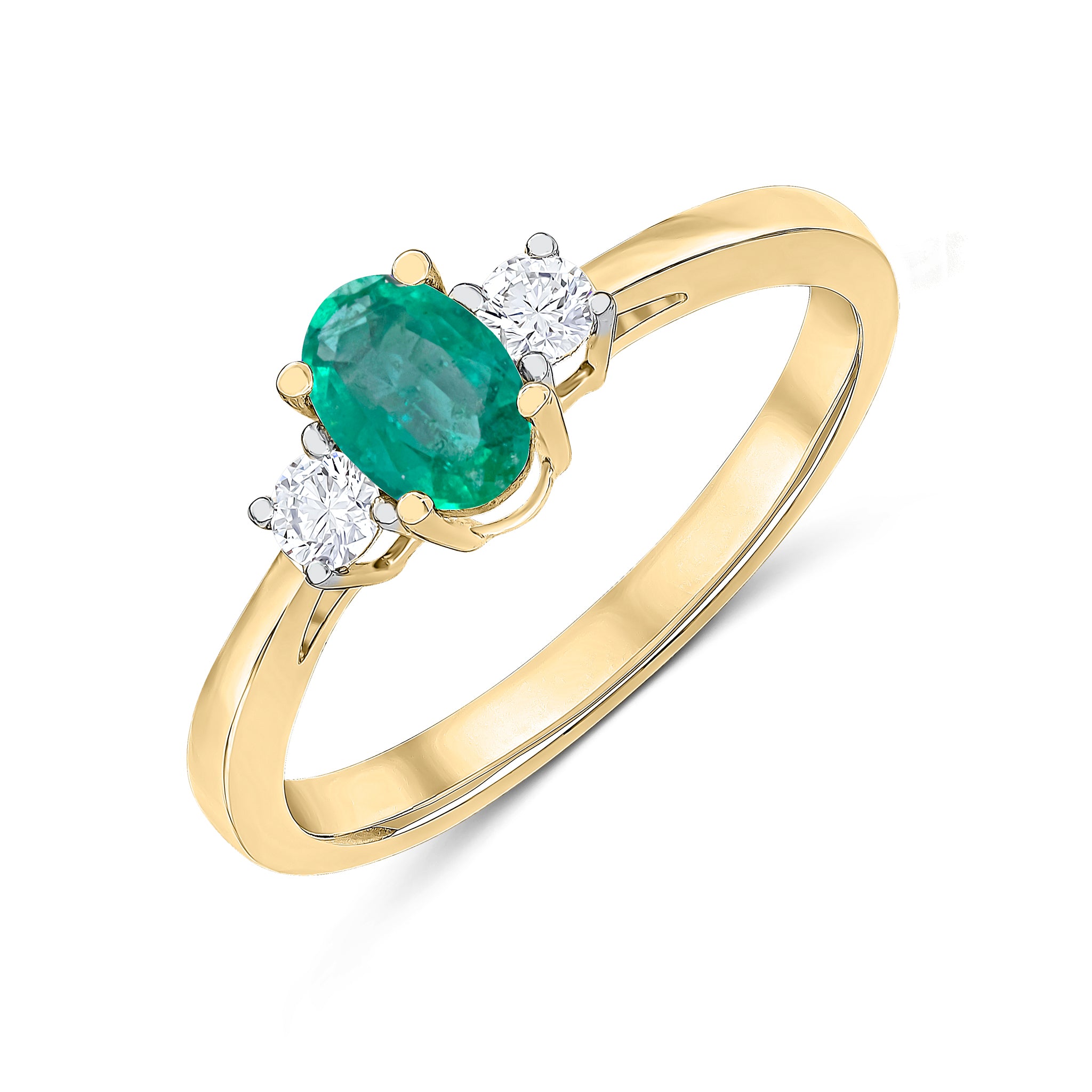 9CT YG 6X4 OVAL EMERALD AND ROUND DIAMOND CLAW SET 3ST RING. RHODIUM TO DIAMONDS 1
