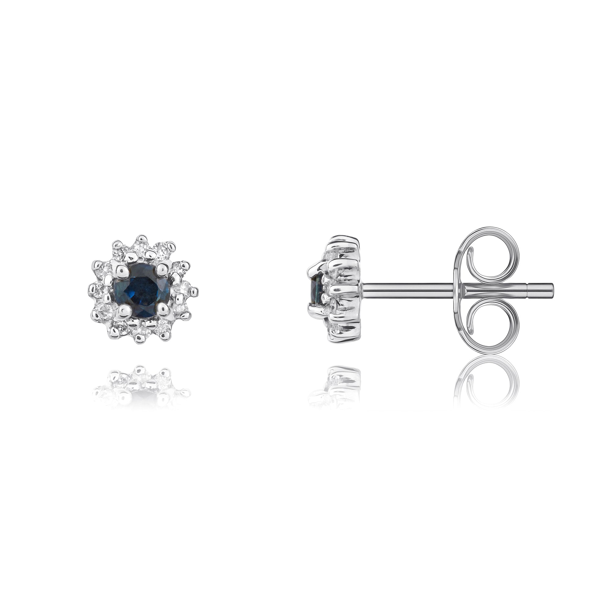 9ct White Gold 3mm Round Sapphire and Diamond Claw Cluster Earrings