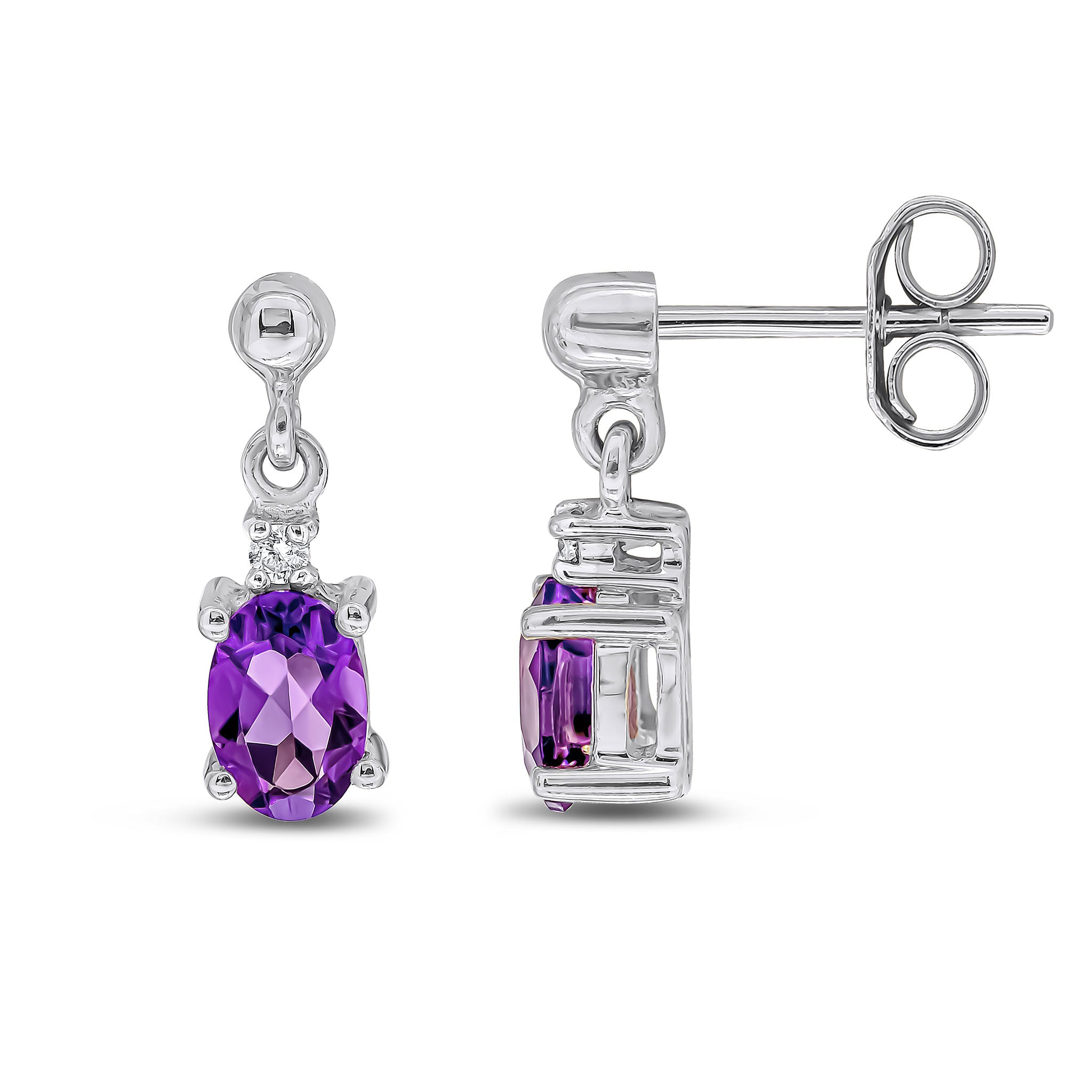 9ct White Gold Oval Amethyst & Diamond Claw Set 2 Stone Drop Earrings with Bead Stud Top