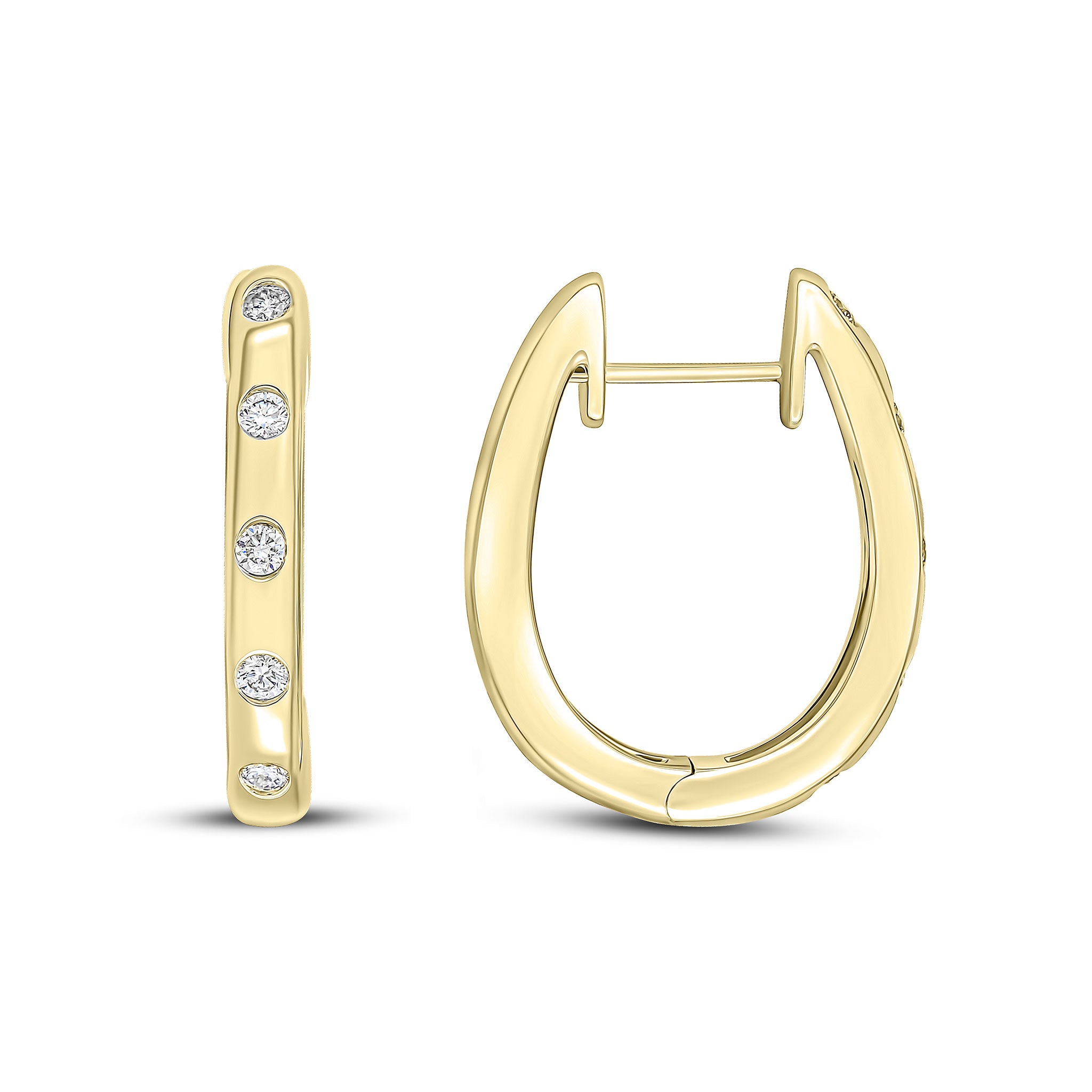 18ct Yellow Gold Round Diamond Flush Set Oval Hinged Huggy Hoop Earrings