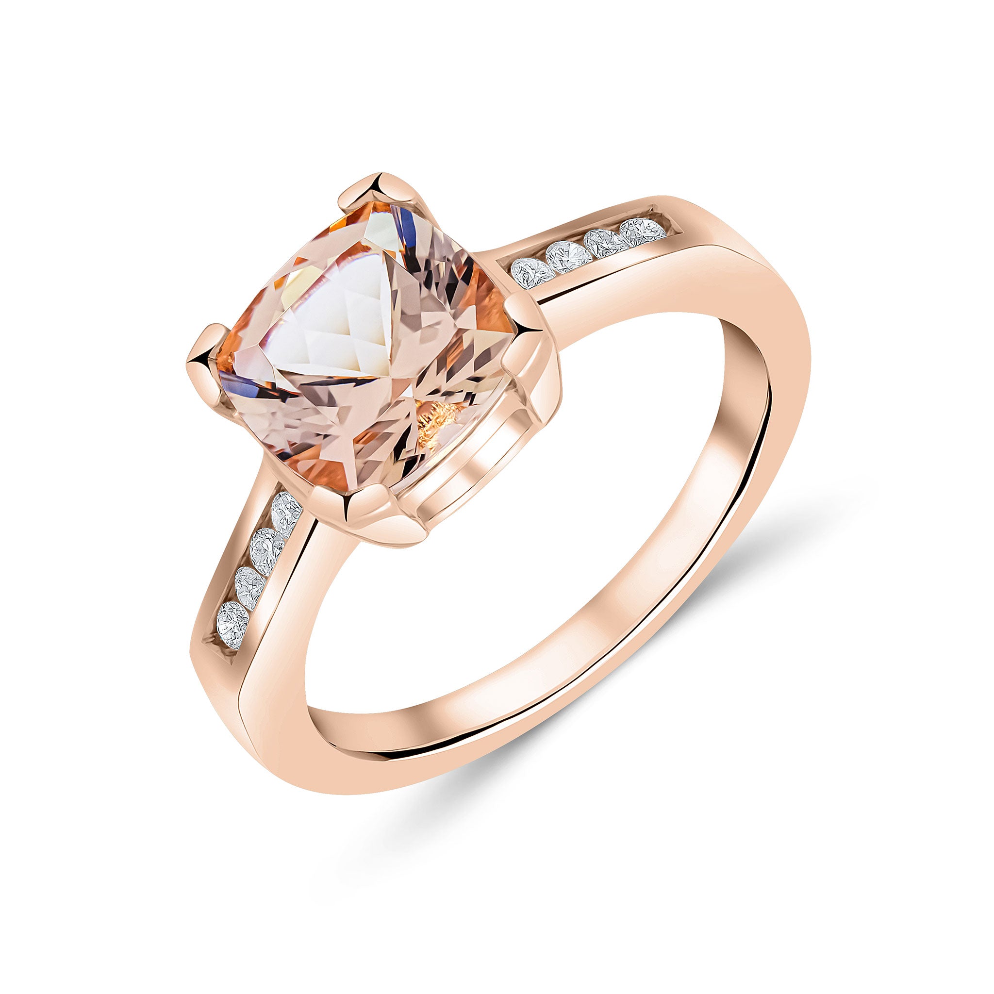 9ct Rose Gold Claw Set Cushion Morganite Single Stone Ring with Channel Set Diamond Shoulders