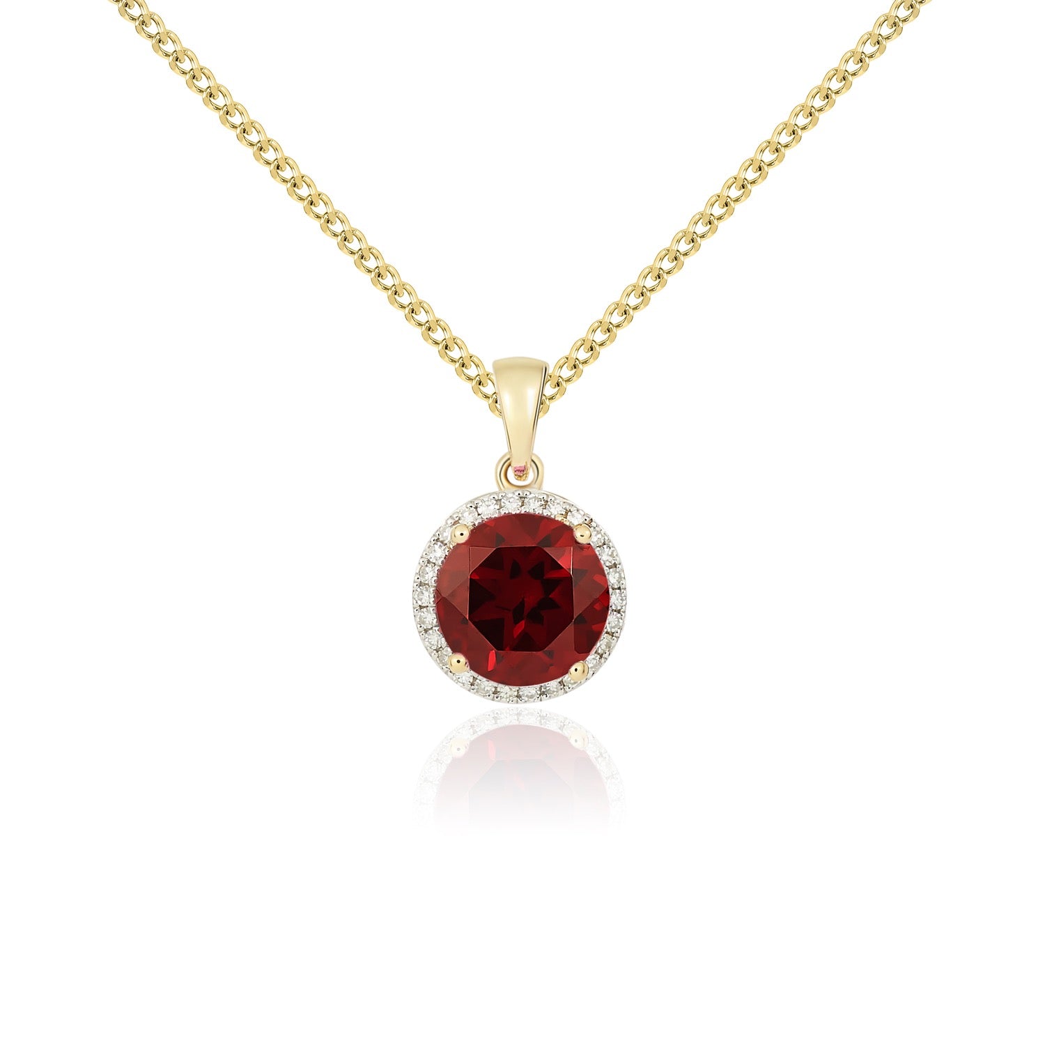 9ct Yellow Gold 8mm Round Garnet and Diamond Claw Cluster Pendant