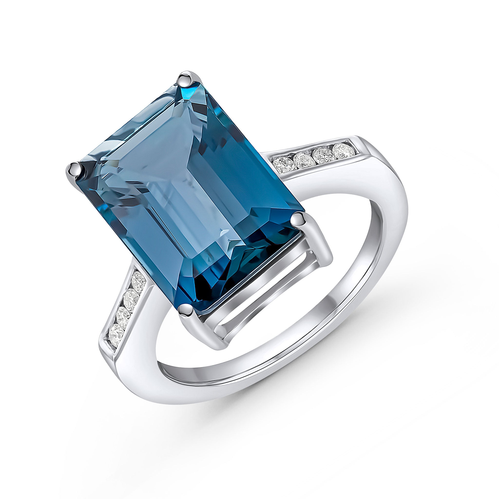 9ct Yellow Gold Claw Set 14x10 Octagon London Blue Topaz Single Stone Ring with Round Diamond Channel Set Shoulders