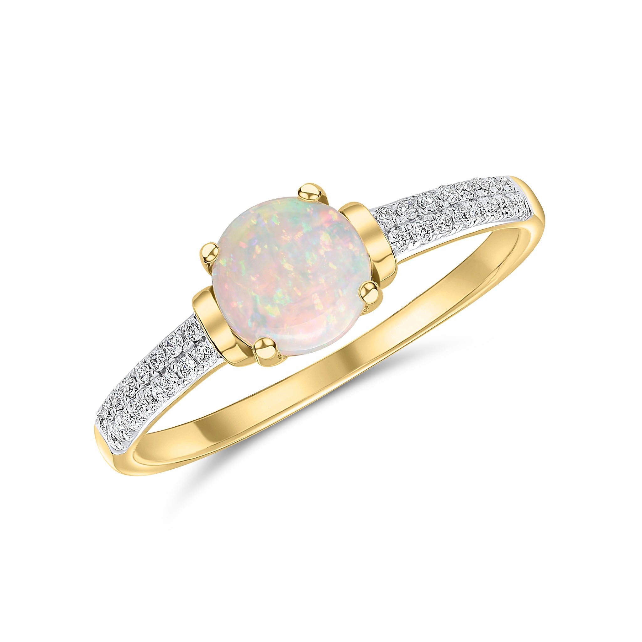 18ct Yellow Gold Claw Set 6mm Round Opal Single Stone Ring with Pave Diamond Shoulders Rhodium to Diamonds
