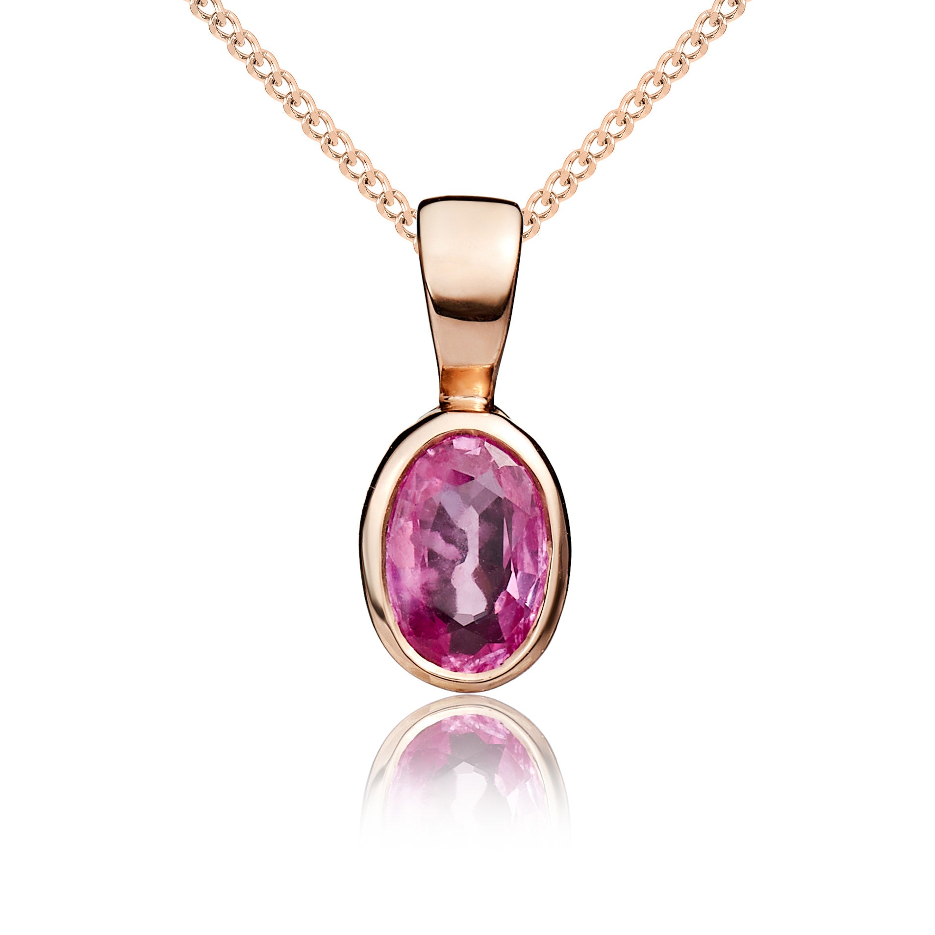 9ct rose gold 6 x 4 mm oval Pink Sapphire rubover pendant