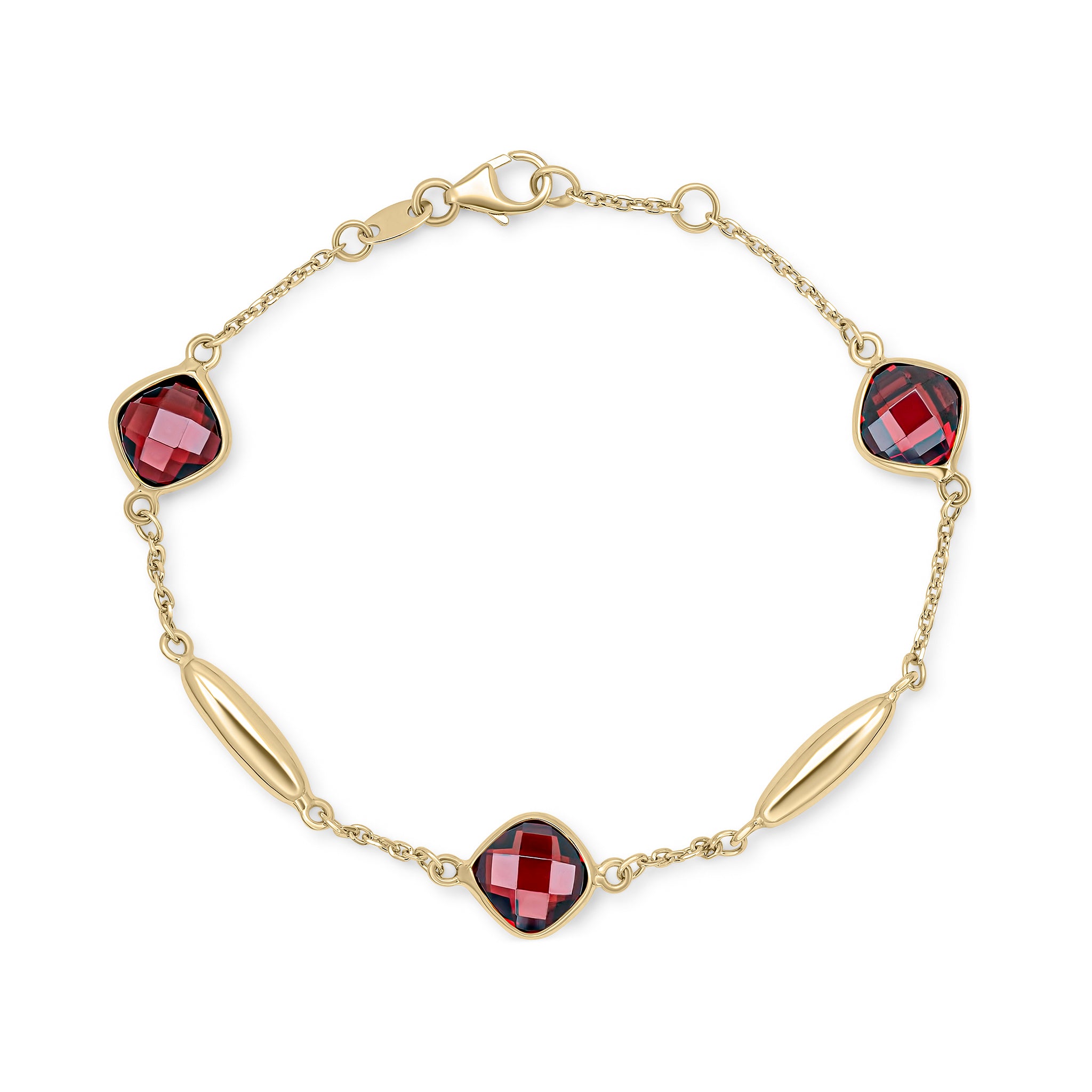 9ct Yellow Gold Checkerboard Cushion Garnet Polished Torpedo Motif and Chain Bracelet