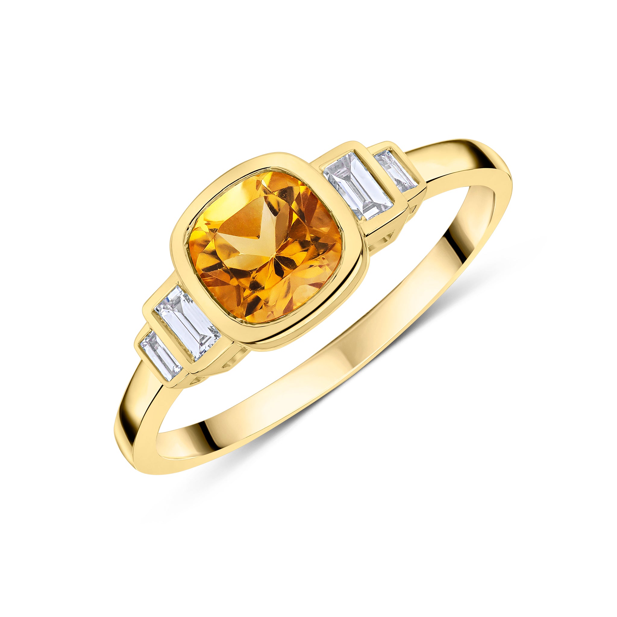 9CT YG 6MM CUSHION CITRINE & BAGUETTE DIAMOND 2ST STEPPED SHOULDERS RING 1