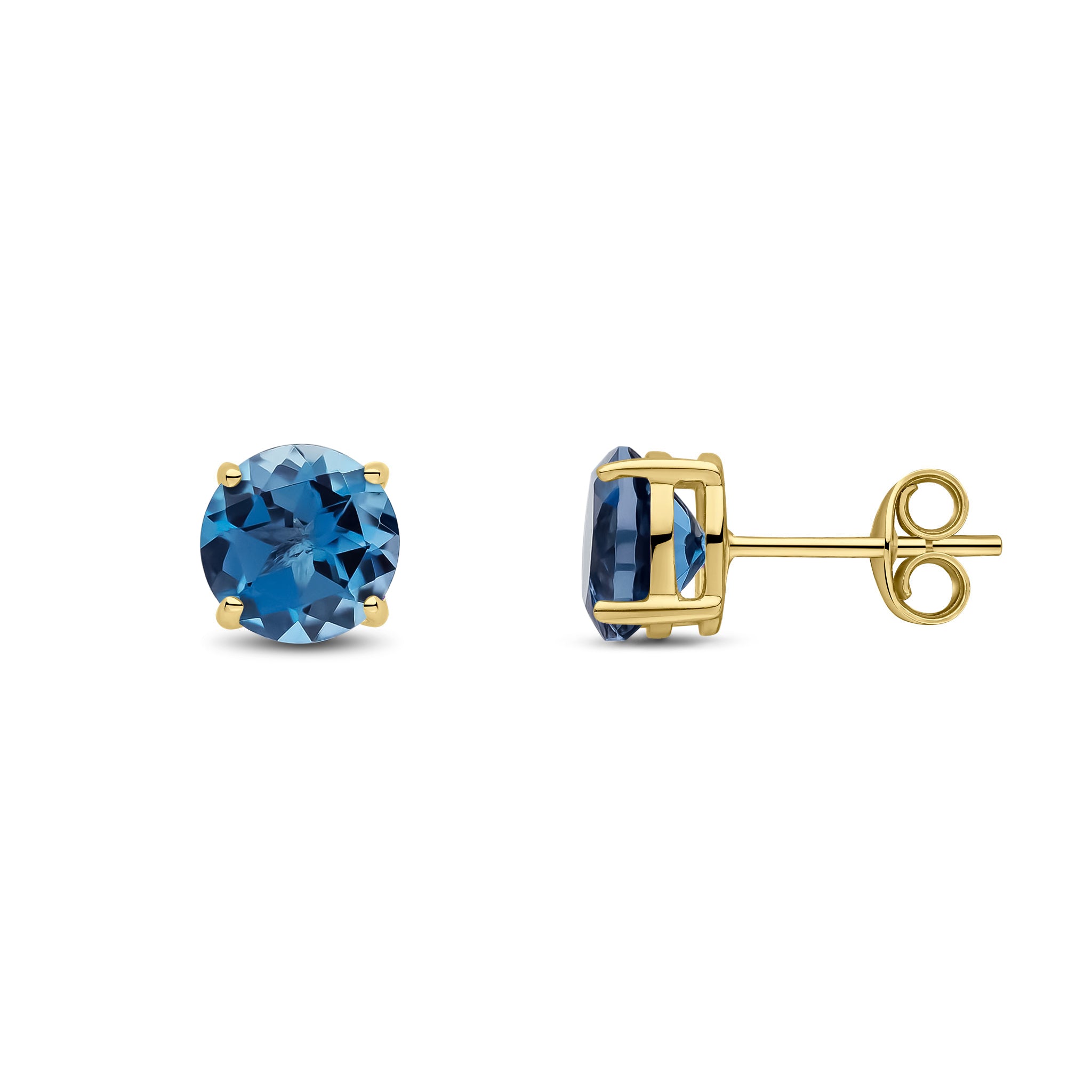 9ct Yellow Gold 7mm Round London Blue Topaz Claw Set Earrings