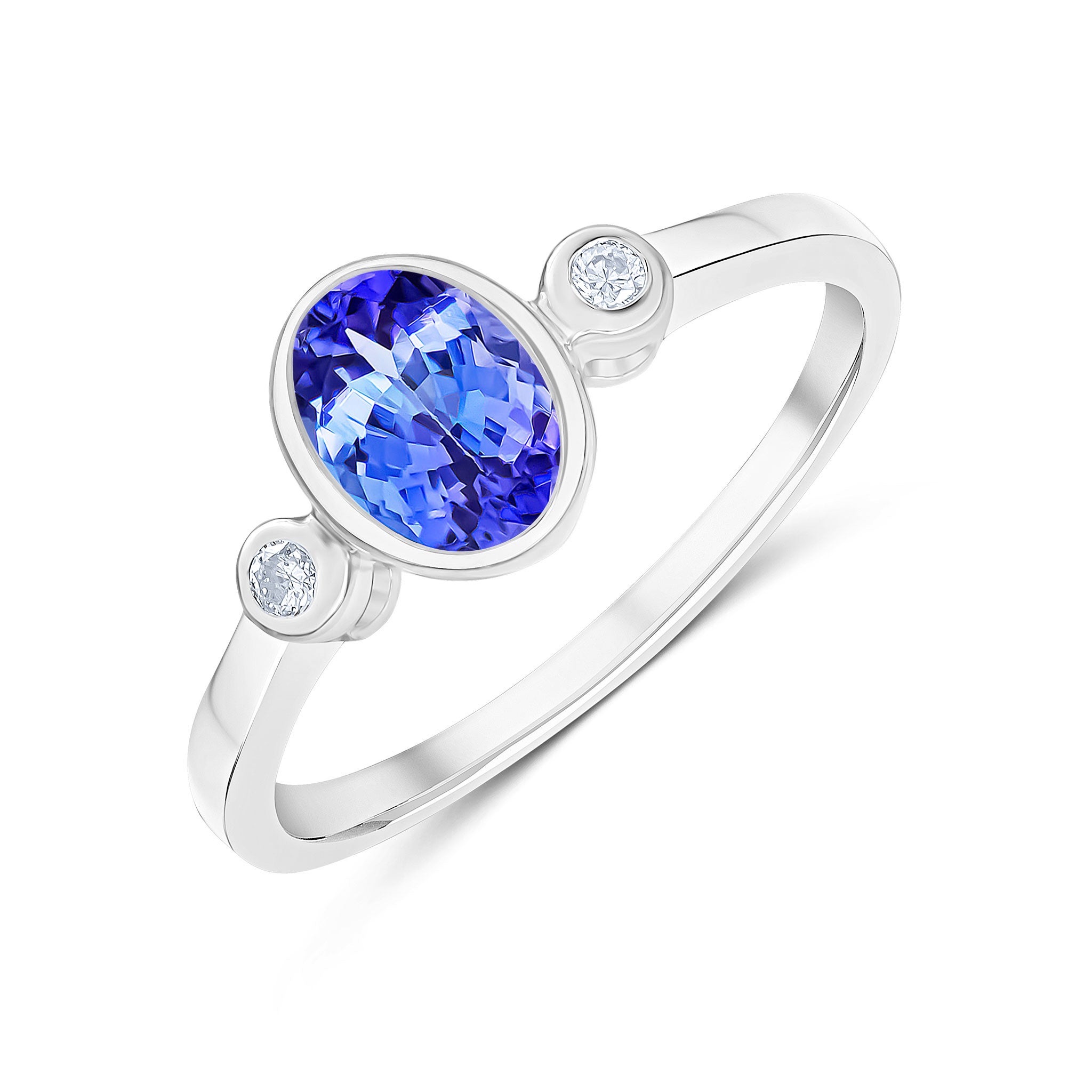 9CT WG 7X5 OVAL TANZANITE AND ROUND DIAMOND 3ST RUBOVER RING 1