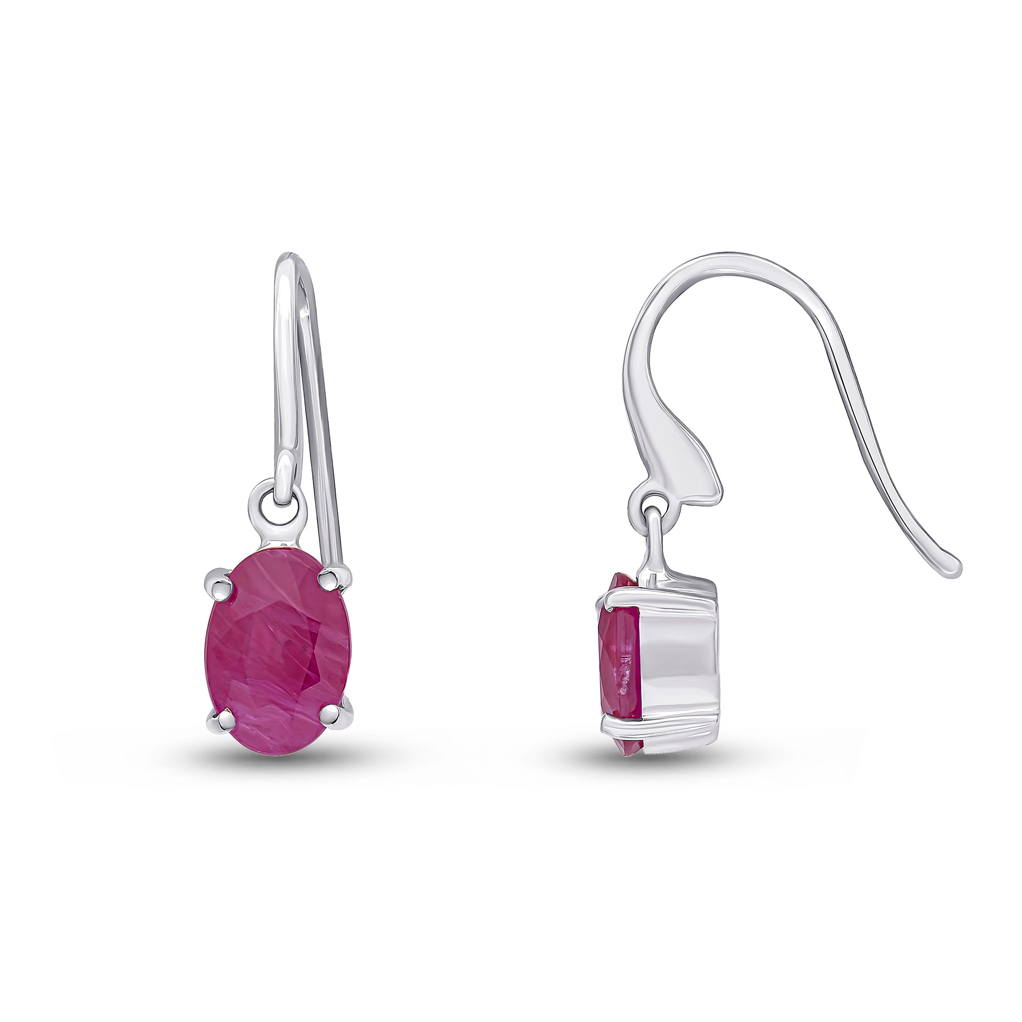 9ct White Gold 7x5 Oval Ruby Claw Set Drop Earrings with Hook Wire Fitting