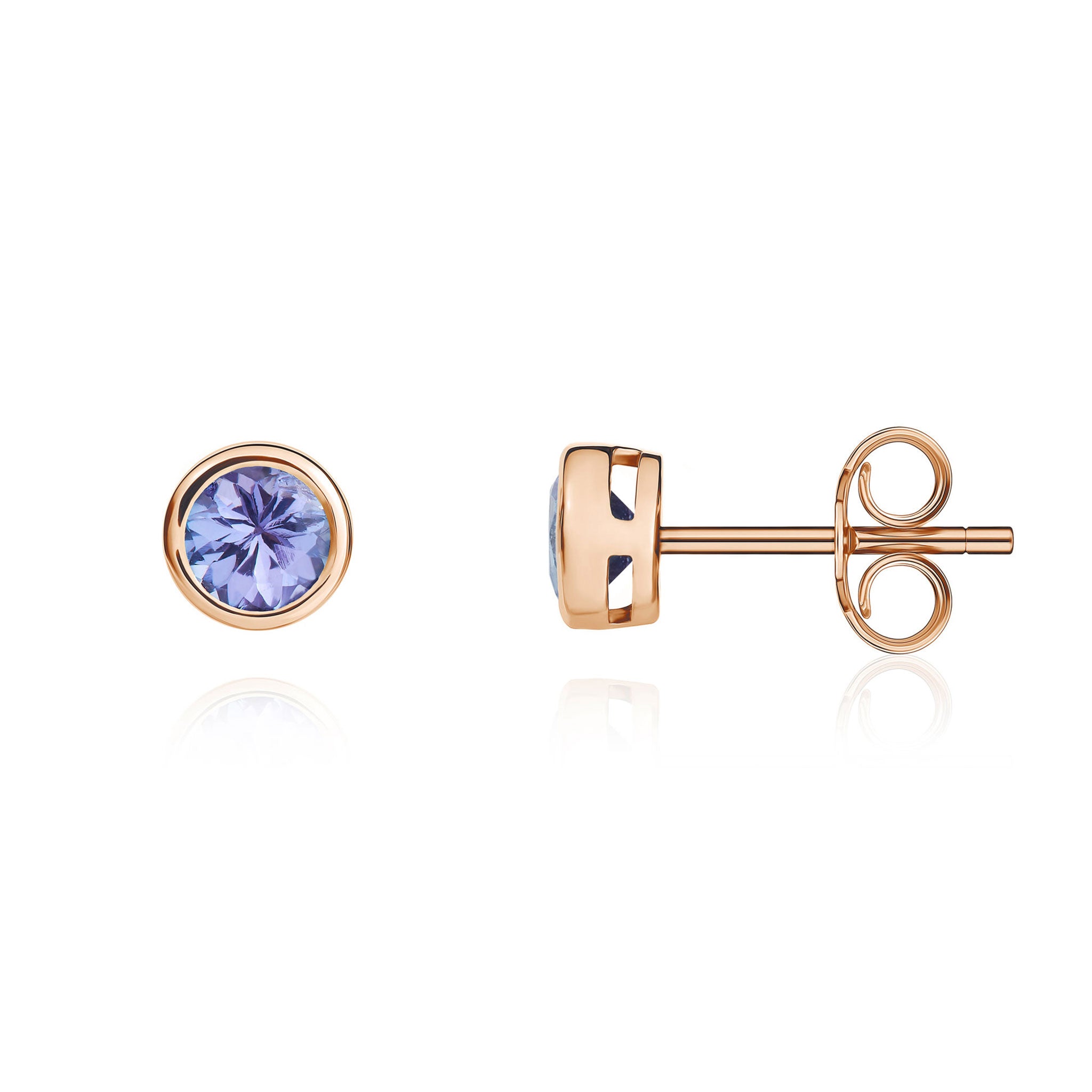 9ct Rose Gold 4mm Round Tanzanite Rubover Stud Earrings