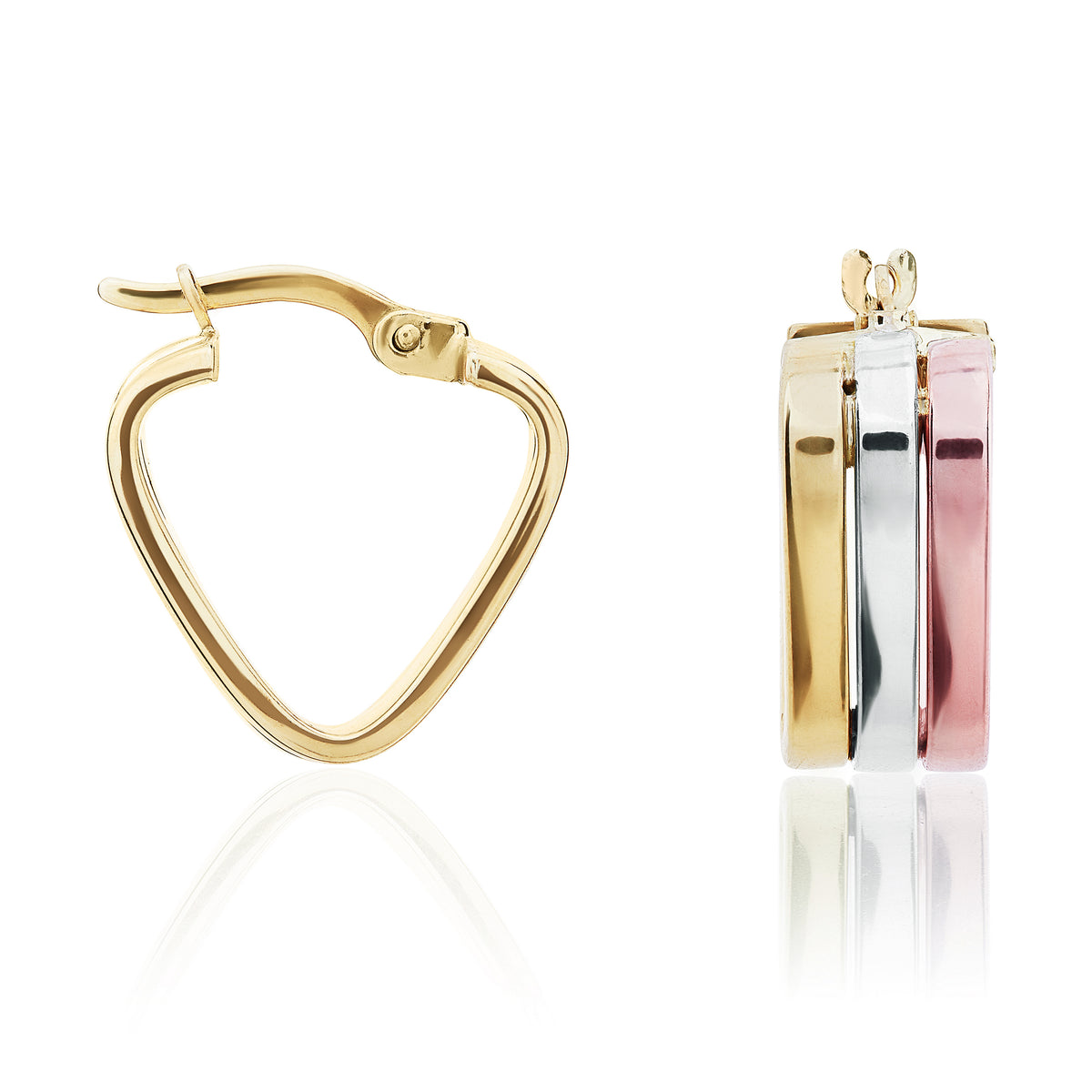 Three Tone 9ct Gold 3 Row Triangle Hoop Earrings