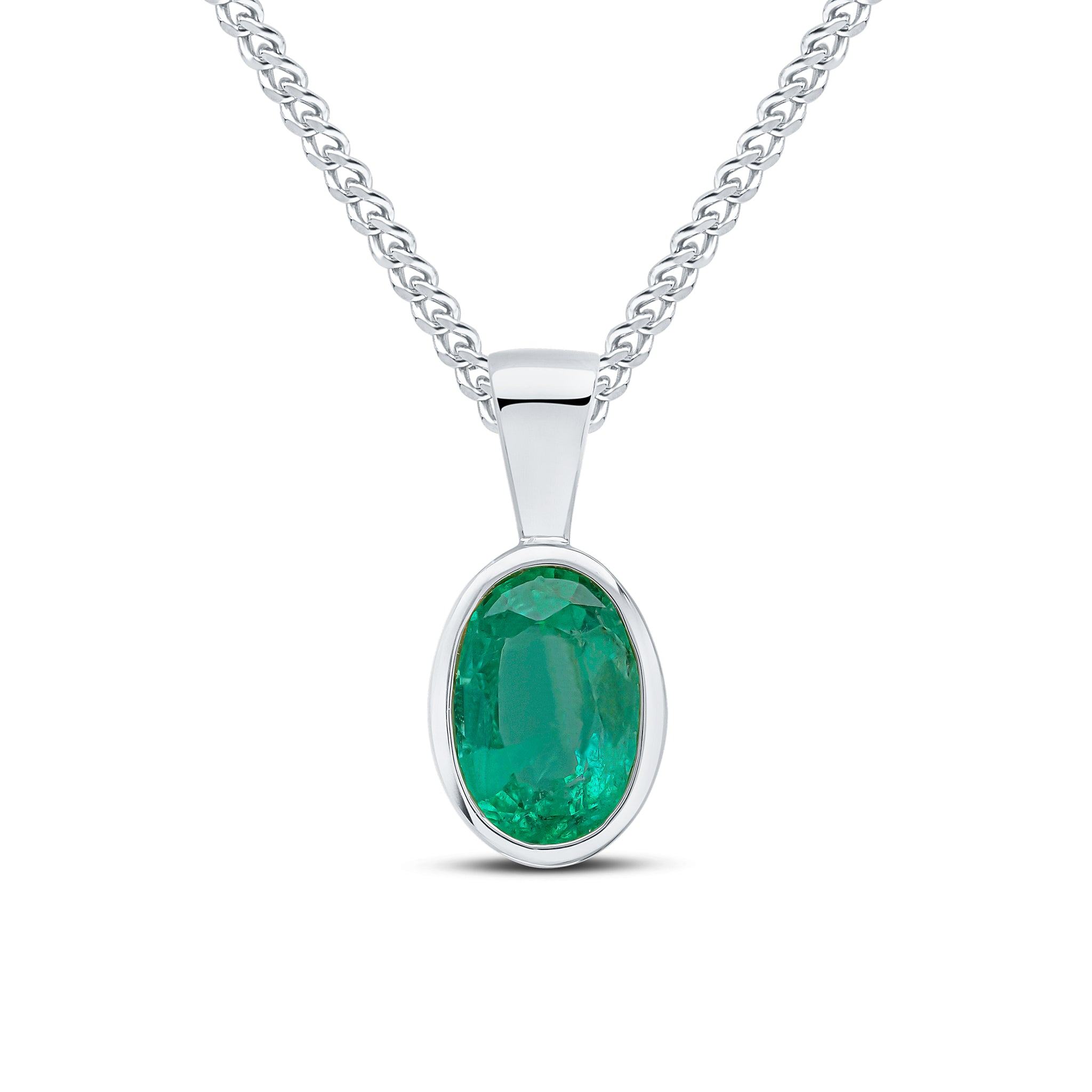 9ct White Gold 7x5 Oval Emerald Rubover Pendant