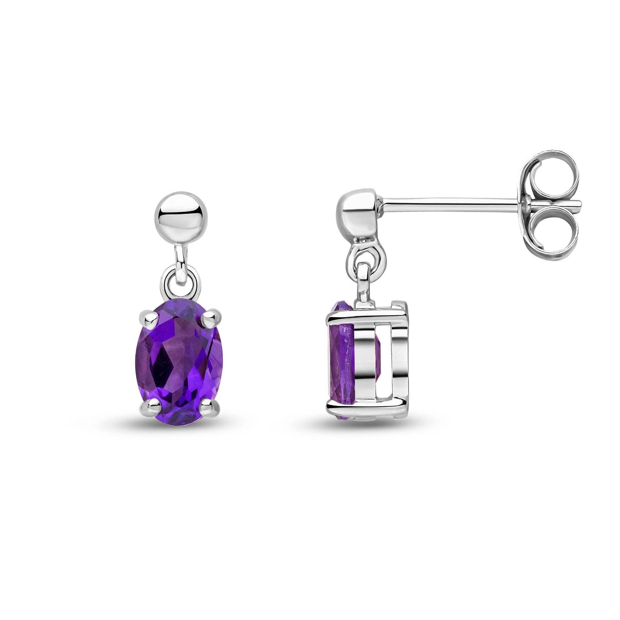 9ct White Gold 6x4 Oval Amethyst Claw Set Drop Earrings with Bead Top