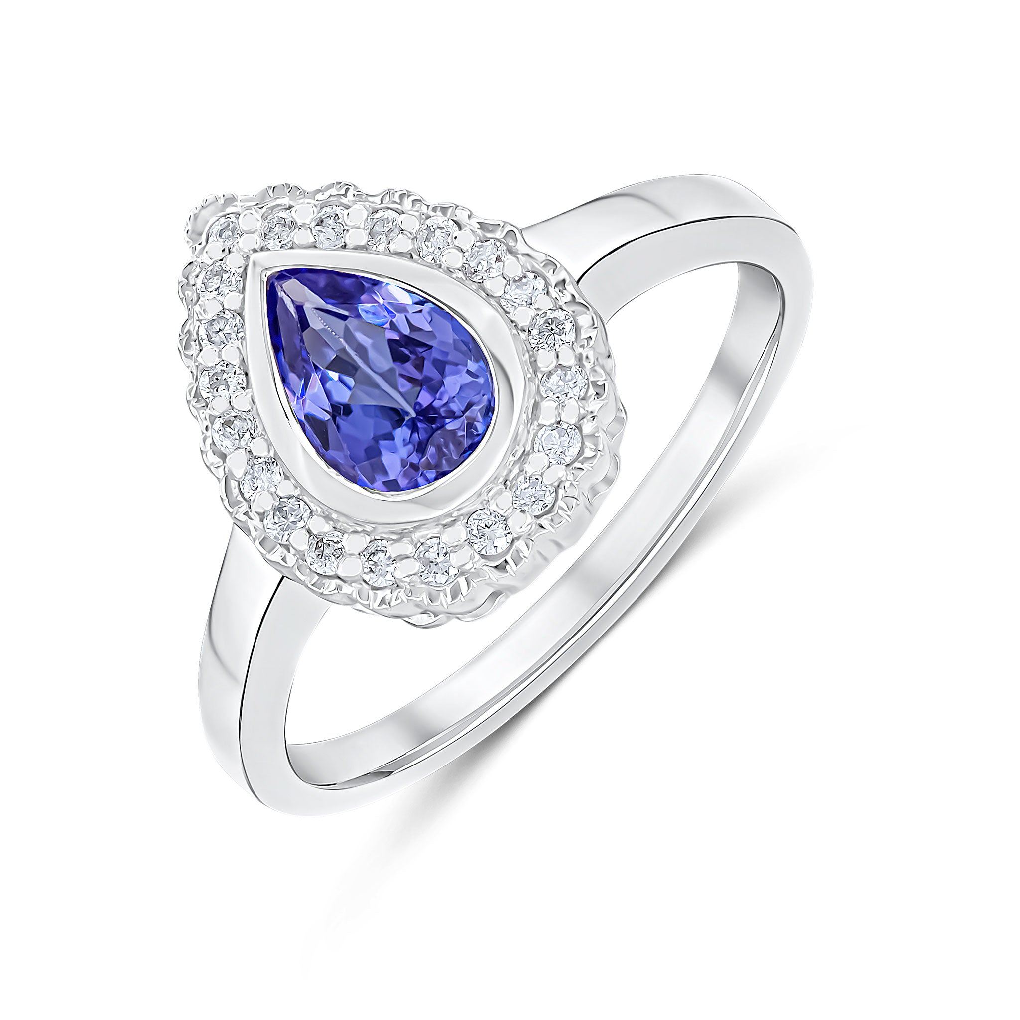 9CT WHITE GOLD PEARSHAPE RUBOVER TANZANITE AND MILLEGRAIN ROUND DIAMOND CLUSTER RING. 1