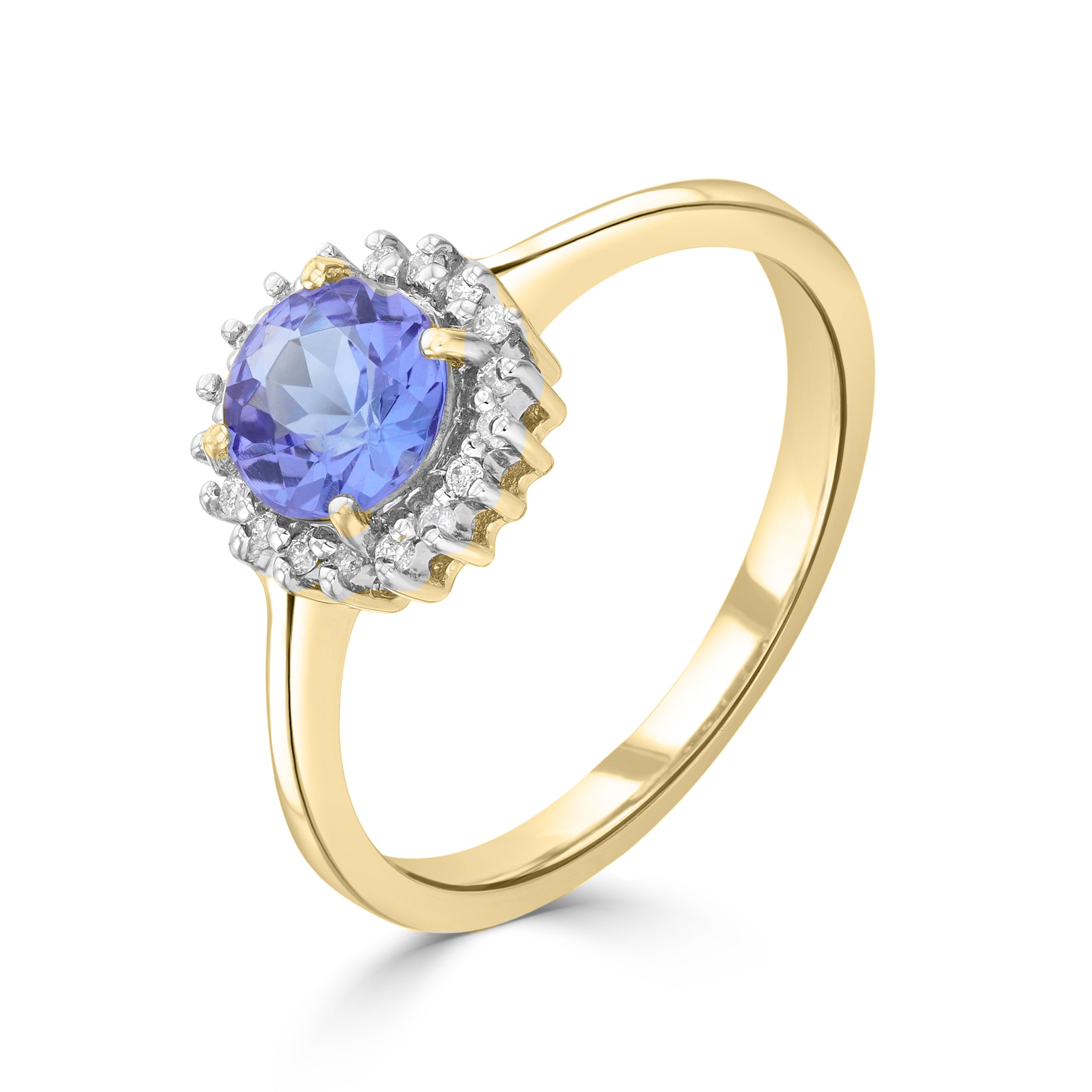 9CT YG 6MM ROUND TANZANITE & DIAMOND CLAW SET CLUSTER RING. RHODIUM TO DIAMONDS 1