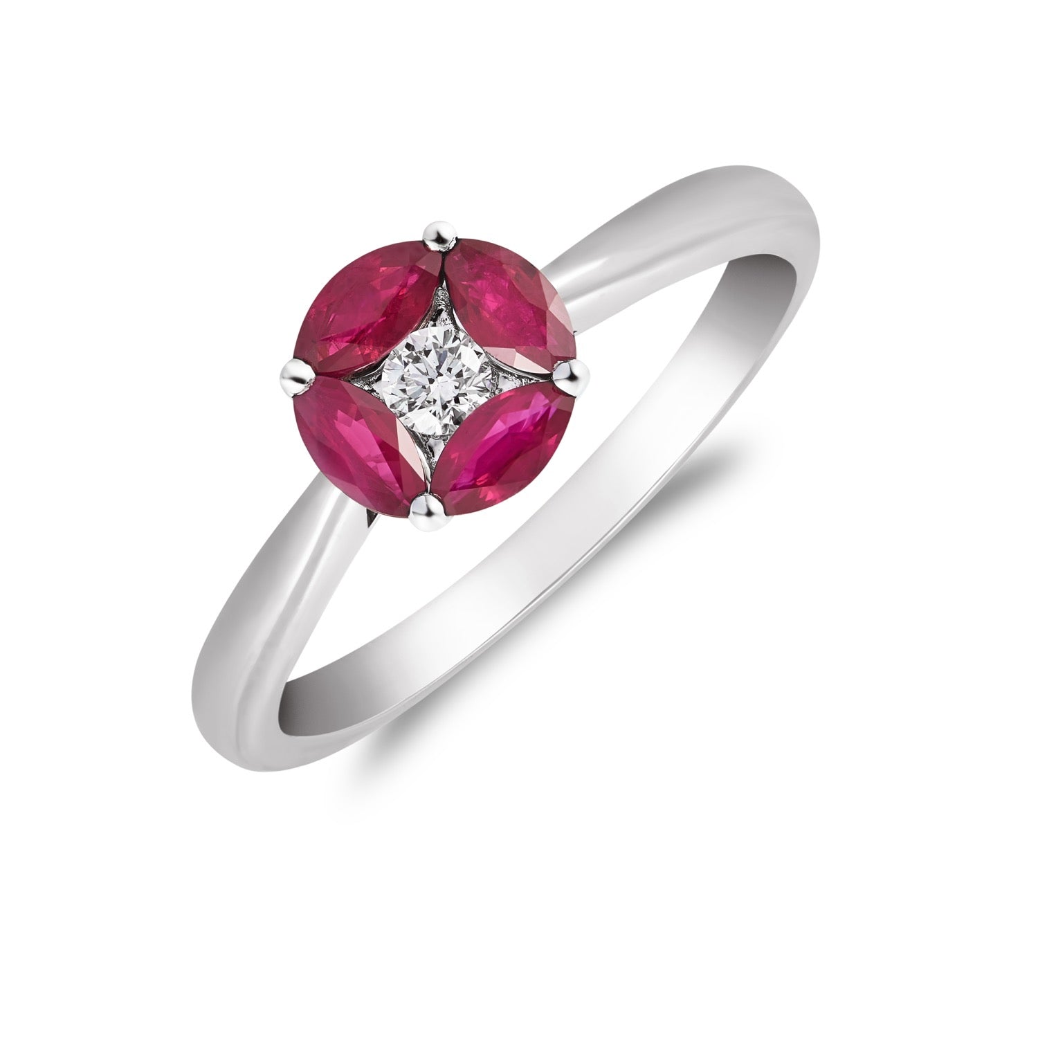 18ct White Gold Marquise Ruby and Round Diamond Cluster Ring Tapered Shank